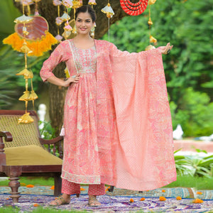 Pink Printed With Embellished Chanderi Anarkali Suit