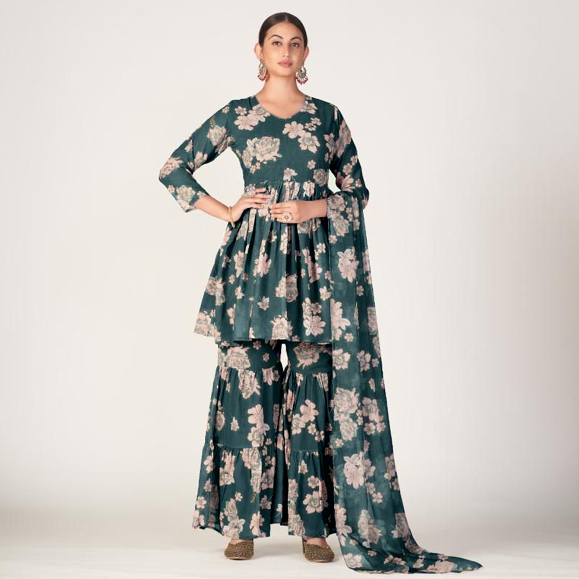 Green Floral Printed Georgette Sharara Suit