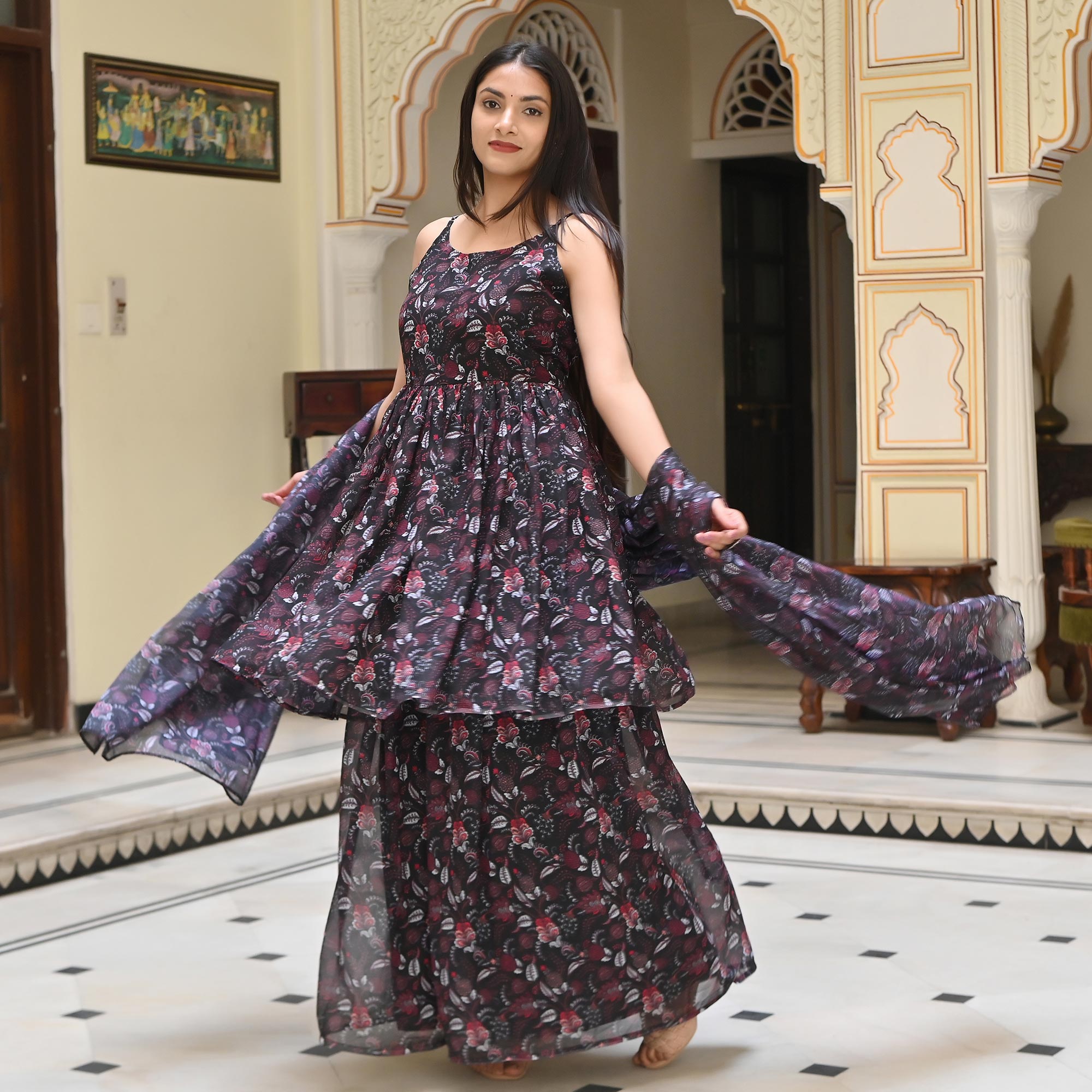 Black Floral Digital Printed Georgette Sharara Suit