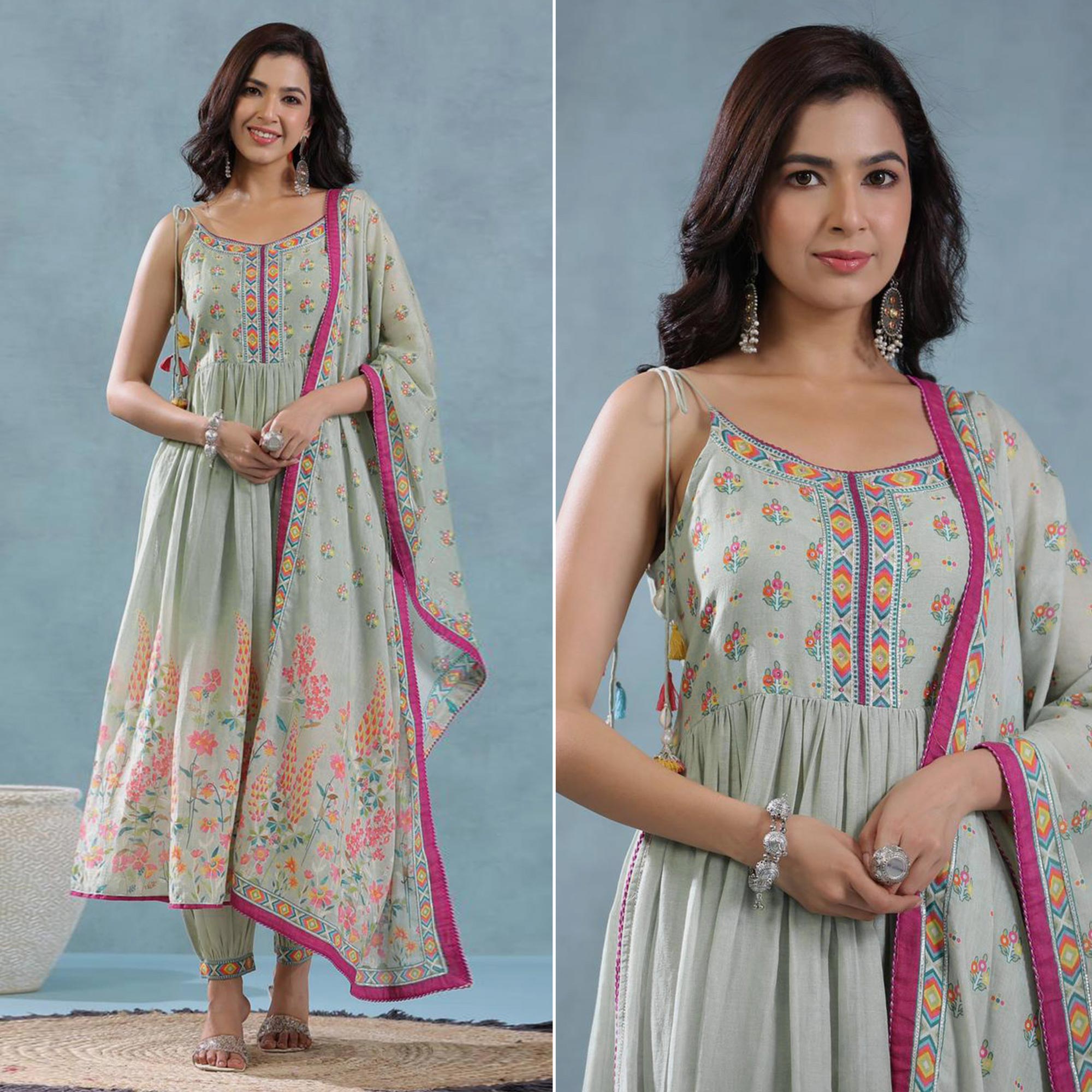 Mint Green Floral Printed Pure Cotton Naira Cut Suit