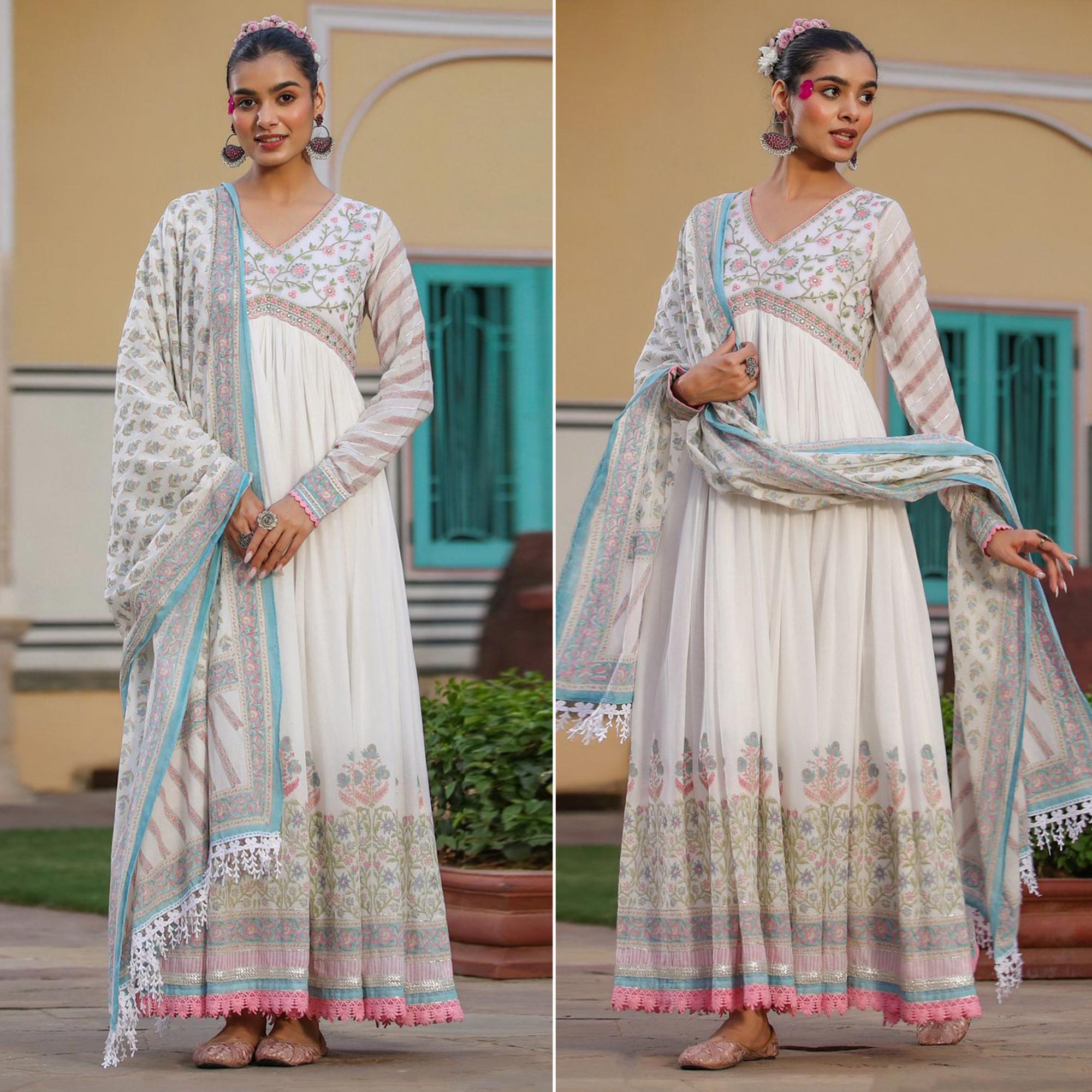 White Peach Floral Printed Pure Cotton Gown With Dupatta