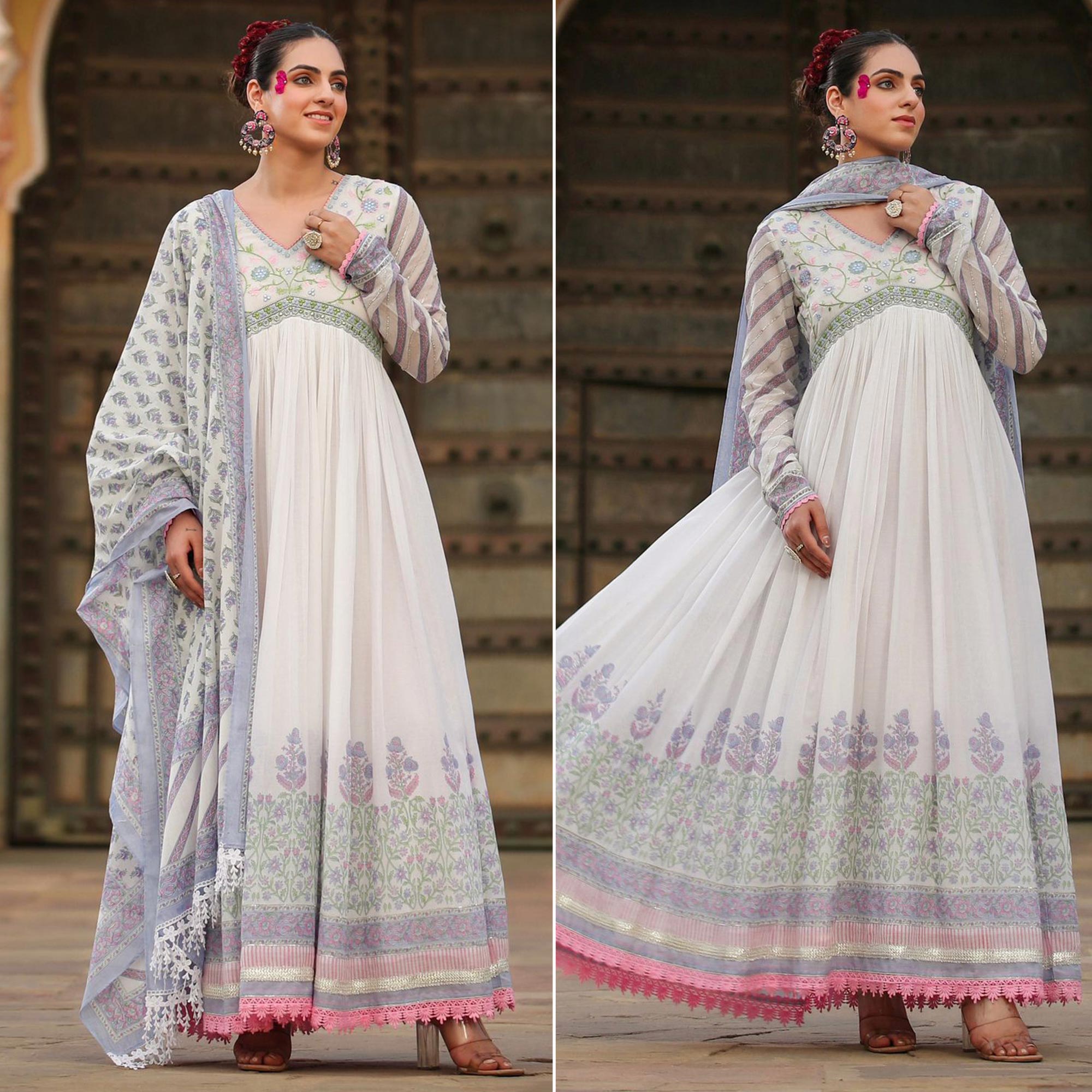 White Violet Floral Printed Pure Cotton Gown With Dupatta