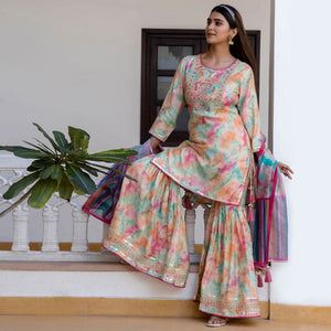 Multicolor Printed Muslin Sharara Suit