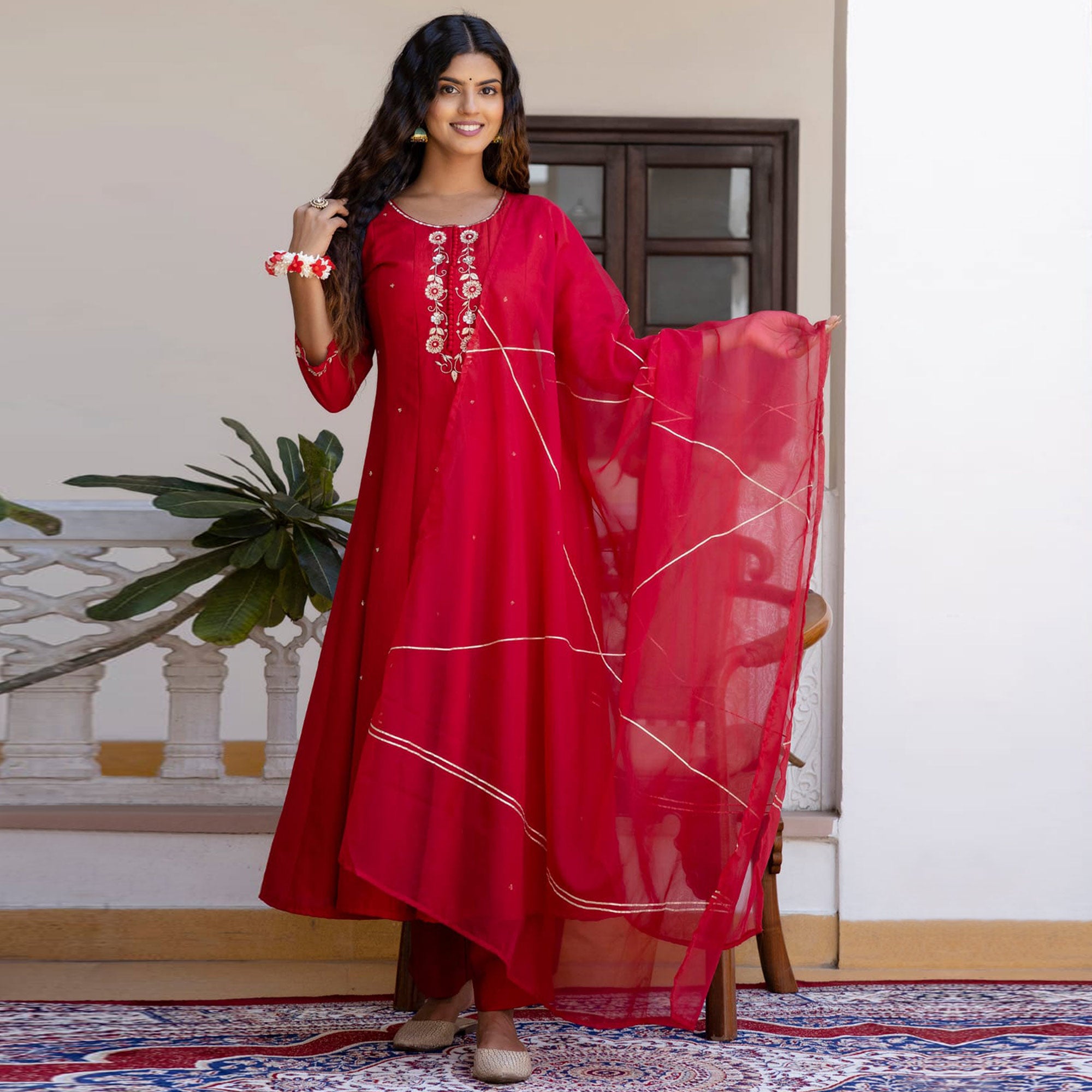 Red Embroidered Muslin Anarkali Suit