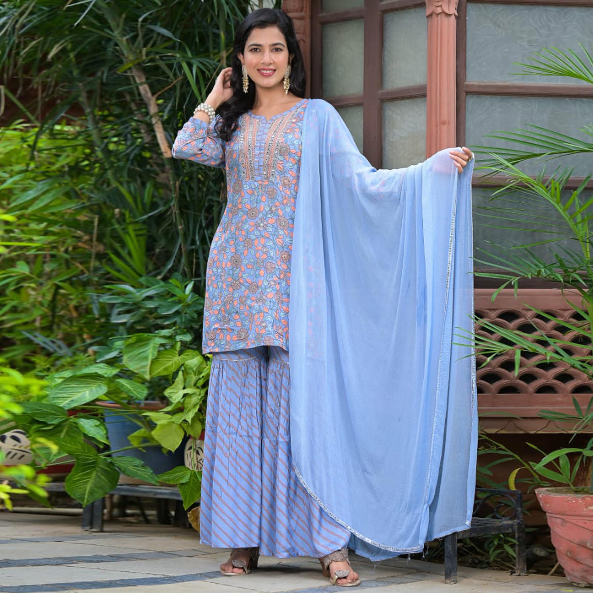 Blue Floral Printed Muslin Sharara Suit