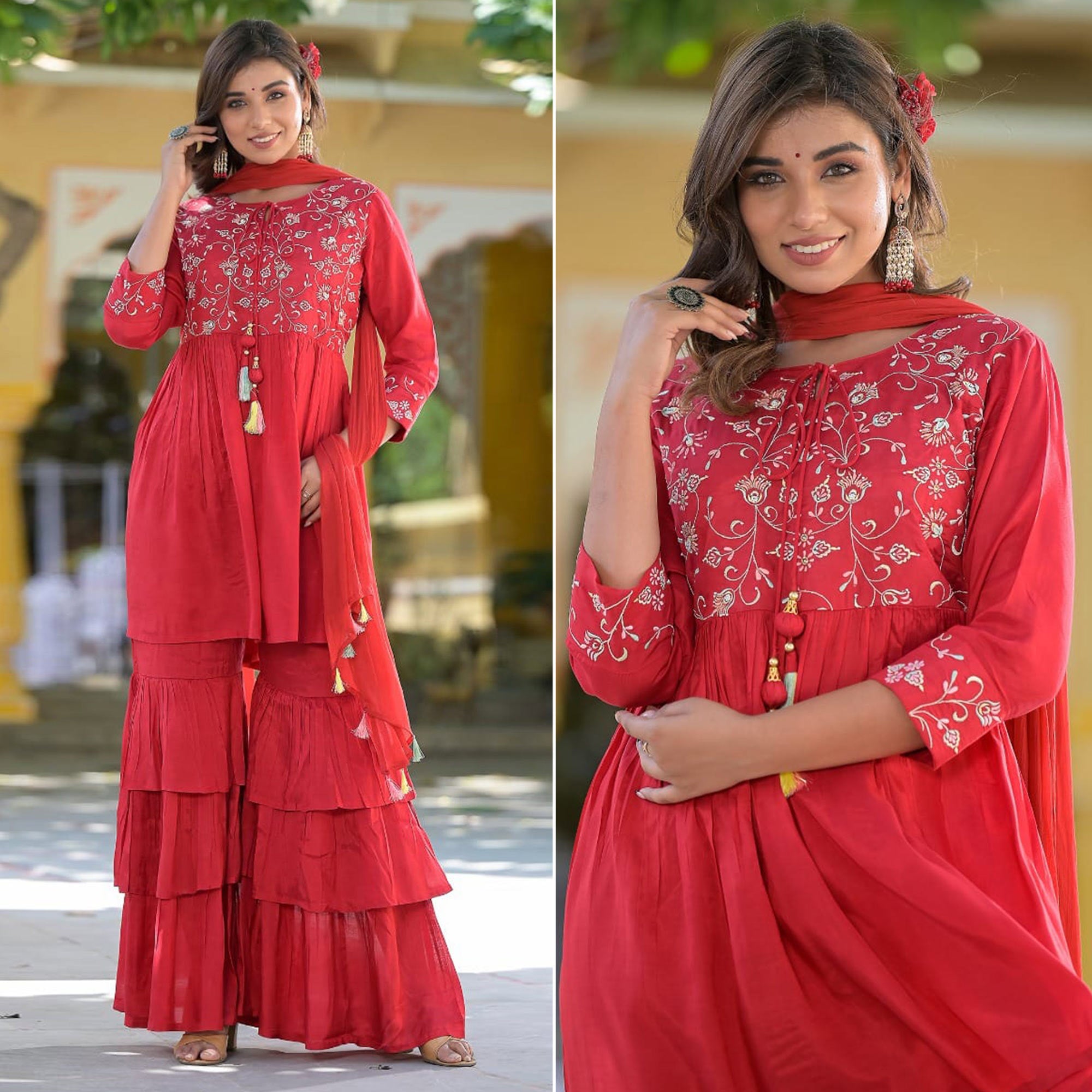 Red Floral Embroidered Muslin Sharara Suit