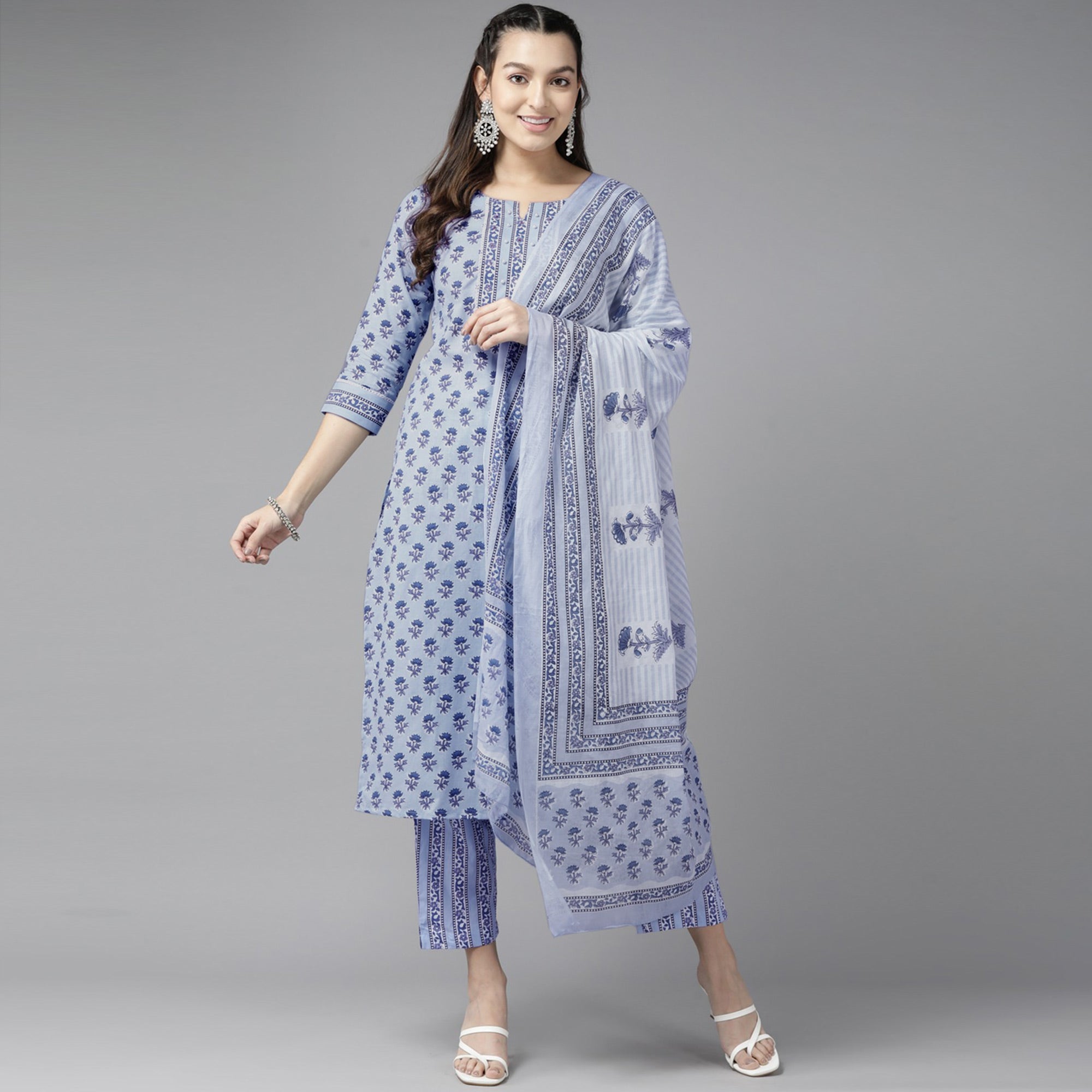 Blue Floral Printed Pure Cotton Salwar Suit