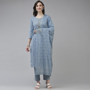 Blue Printed Pure Cotton Salwar Suit