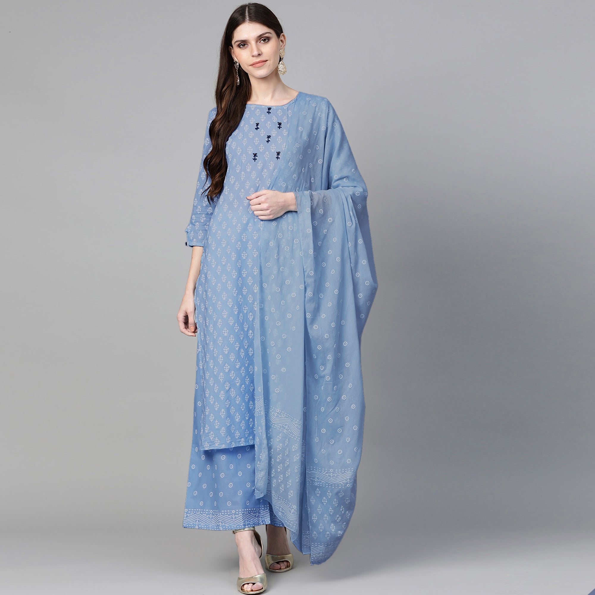 Blue Printed Pure Cotton Palazzo Suit