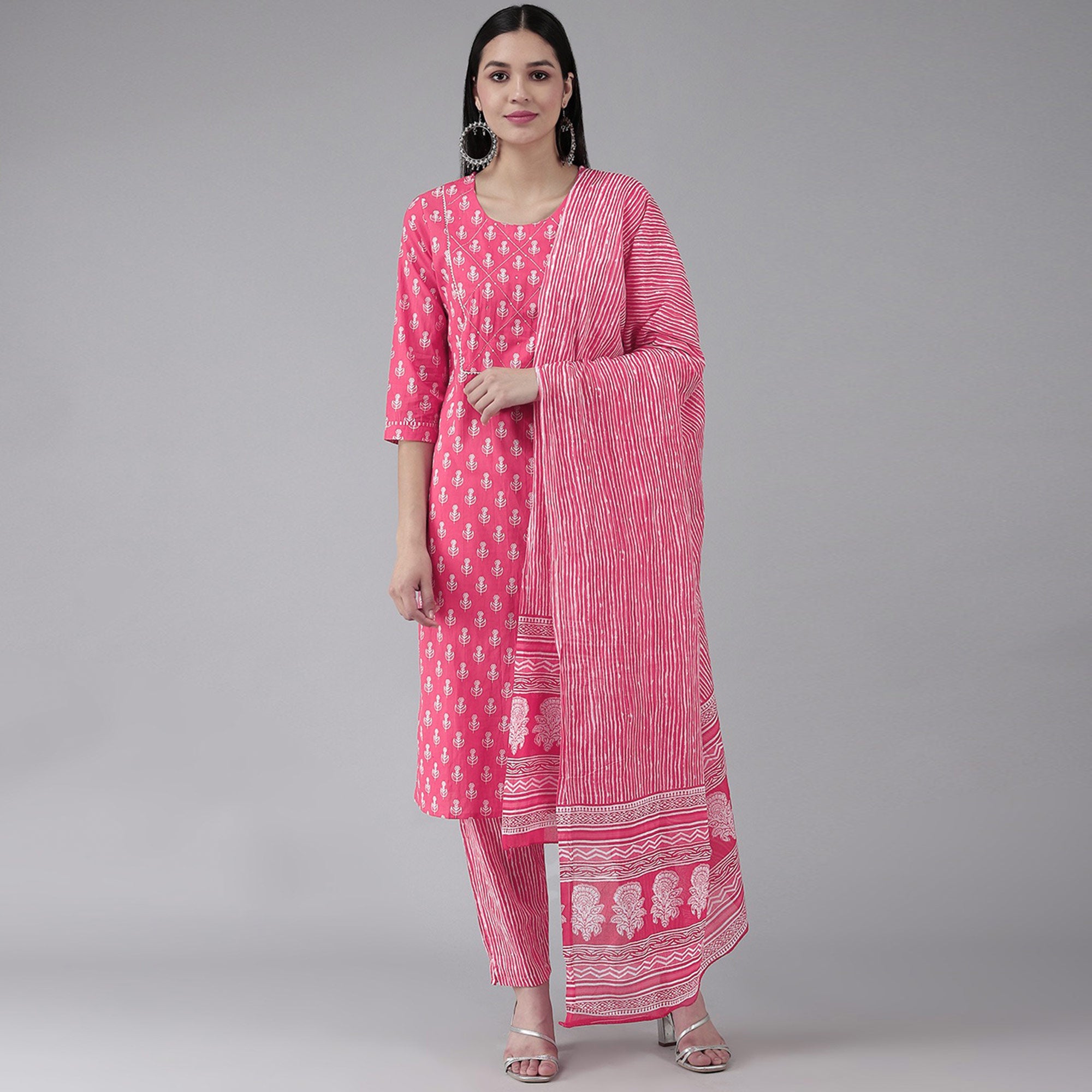 Pink Floral Printed Pure Cotton Salwar Suit