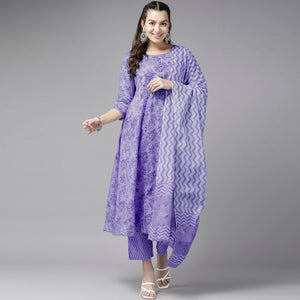 Light Purple Floral Printed Pure Cotton Anarkali Suit