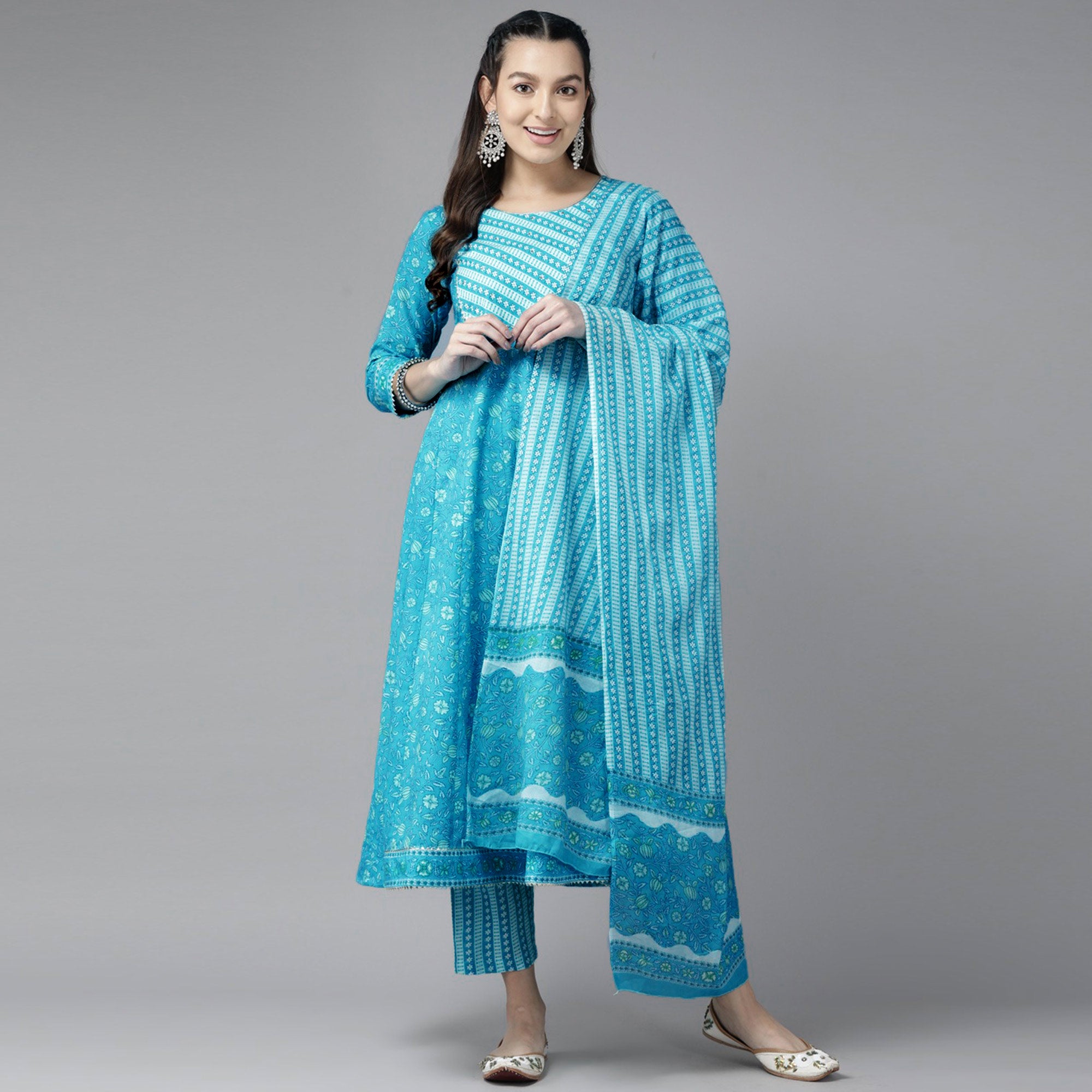 Blue Floral Printed Pure Cotton Anarkali Suit