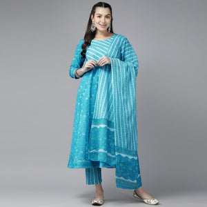 Blue Floral Printed Pure Cotton Anarkali Suit