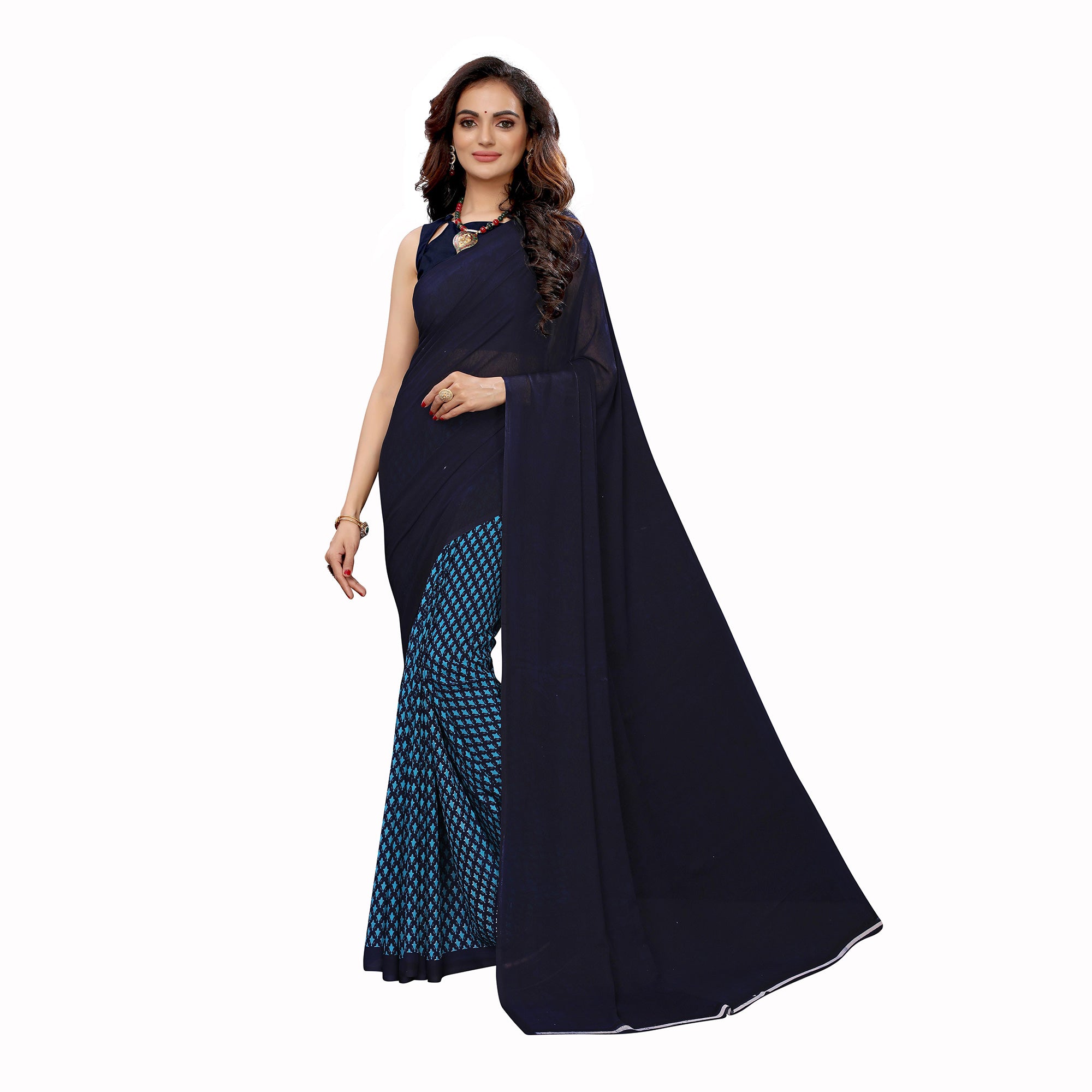 Ethnic Navy Blue Colored Casual Wear Printed Georgette Half-Half Saree