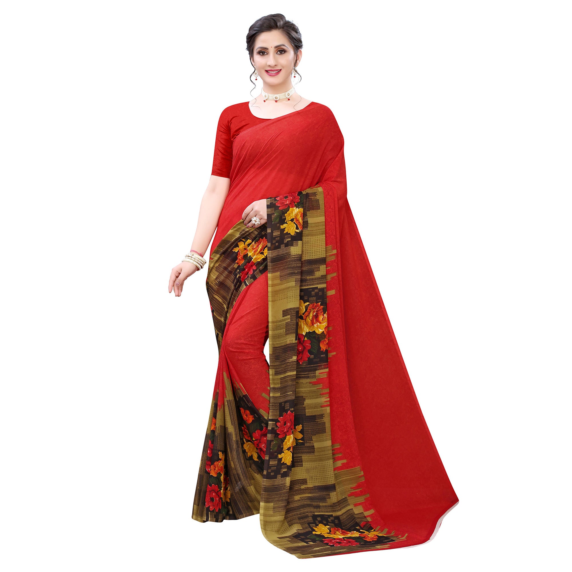 Amazing Red Colored Casual Wear Floral Printed Georgette Saree