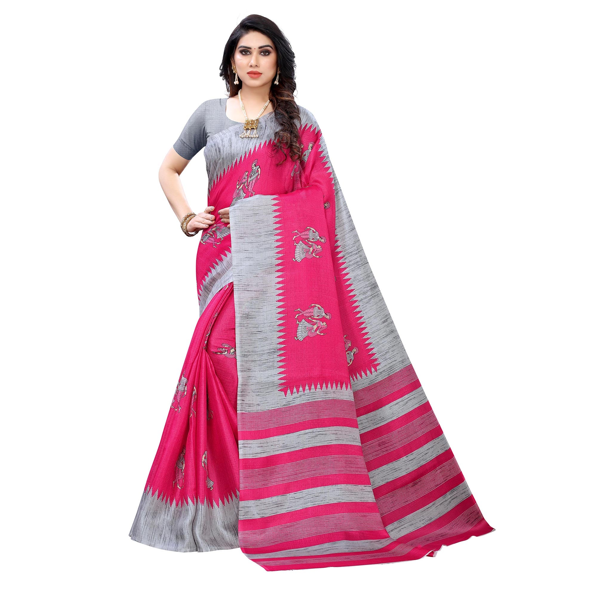 Staring Pink Colored Festive Wear Abstract Printed Cotton Silk Saree