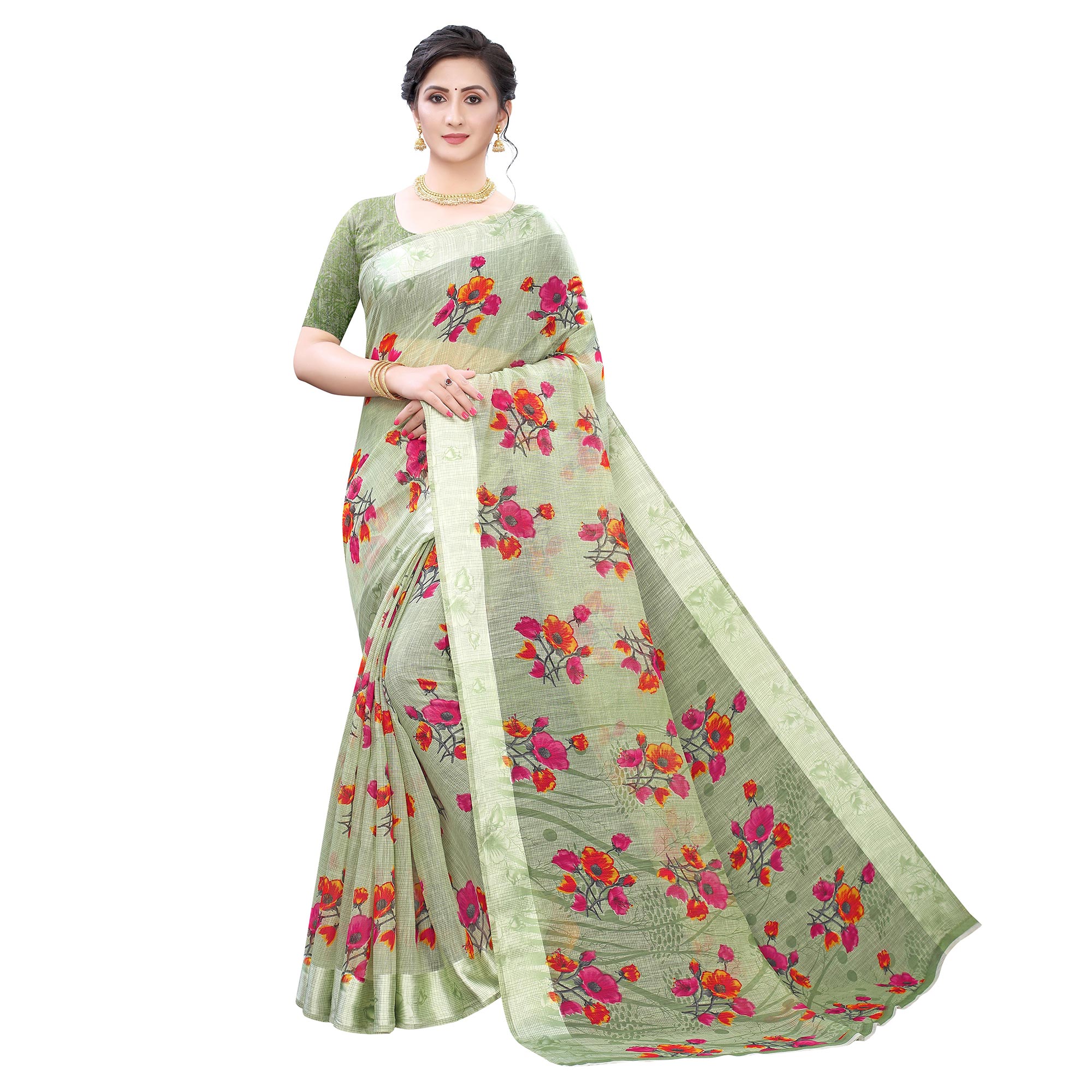 Arresting Light Green Colored Casual Wear Floral Printed Linen Saree