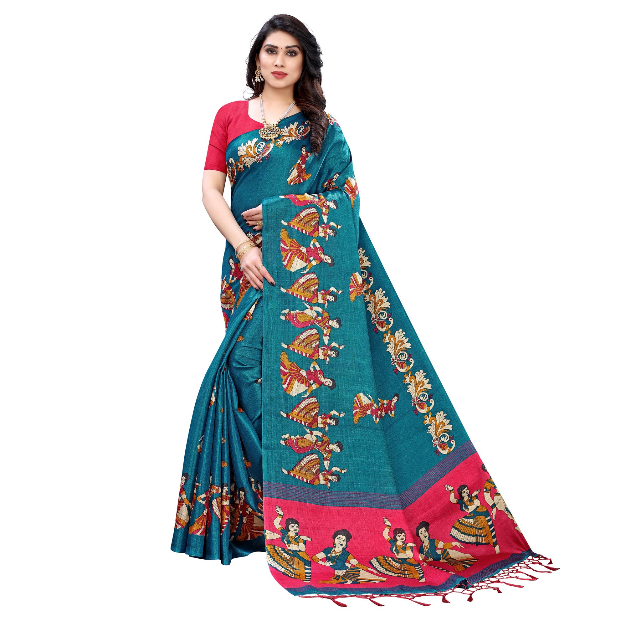 Flirty Turquoise Colored Casual Wear Printed Cotton Silk Saree With Tassels