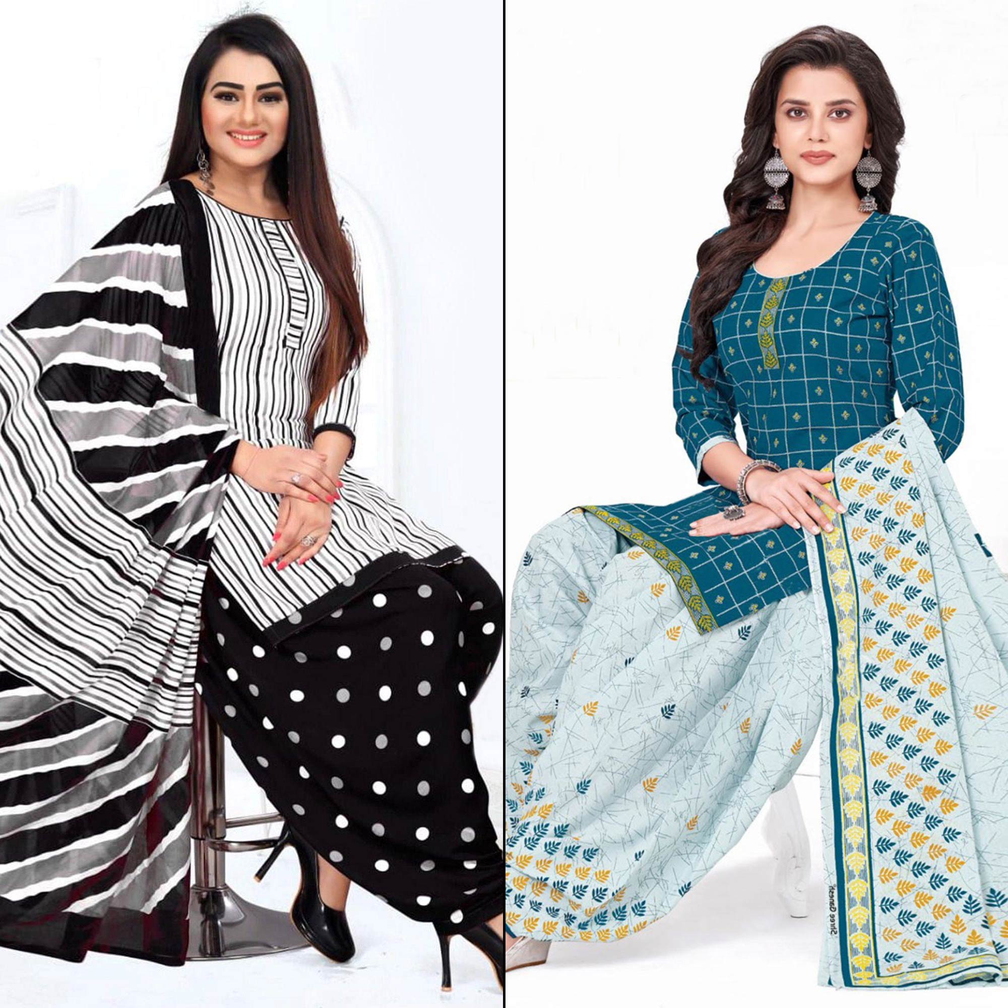 White And Rama Blue Printed Leon & Crepe Patiala Dress Material Pack Of 2