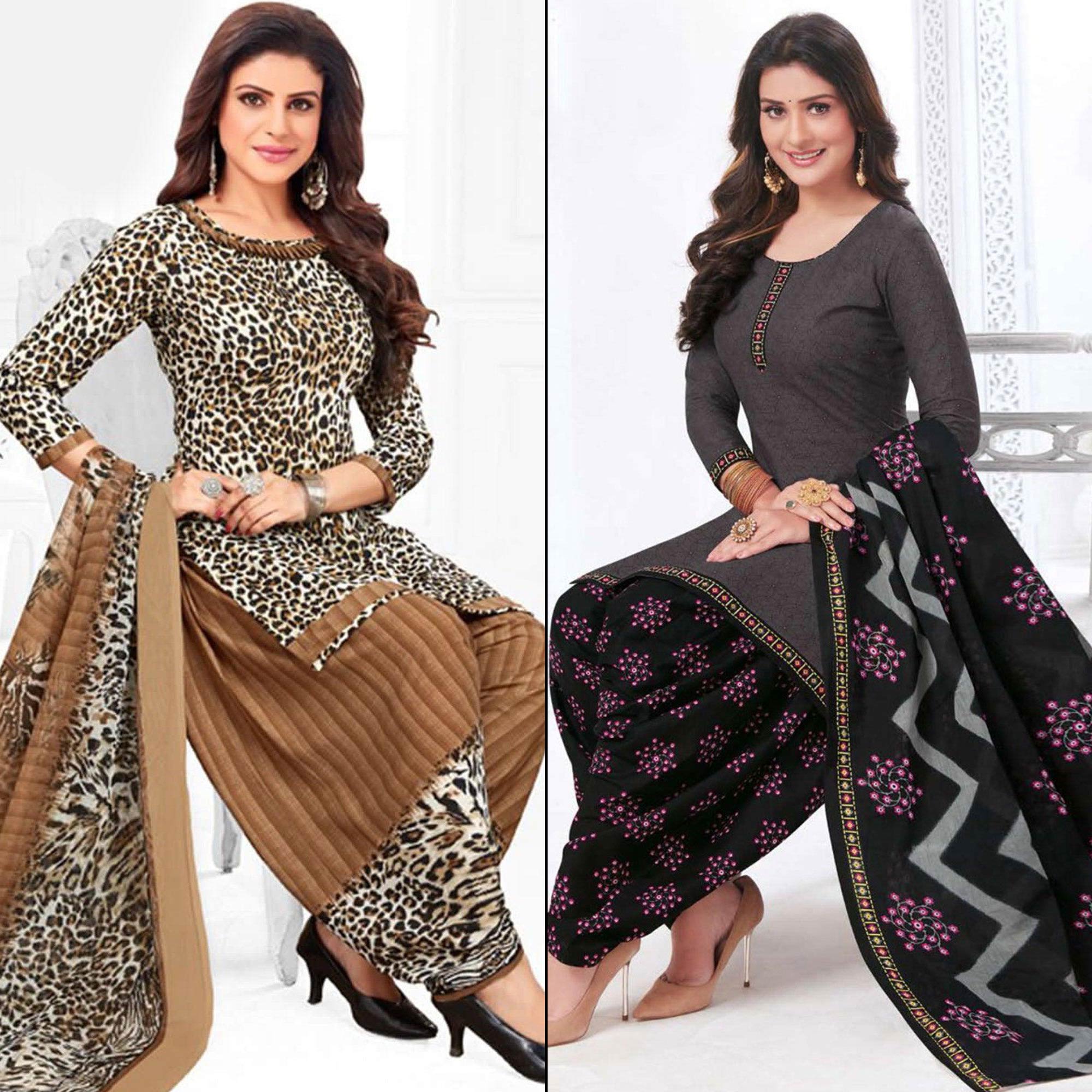 Brown And Grey Printed Leon Patiala Dress Material Pack Of 2