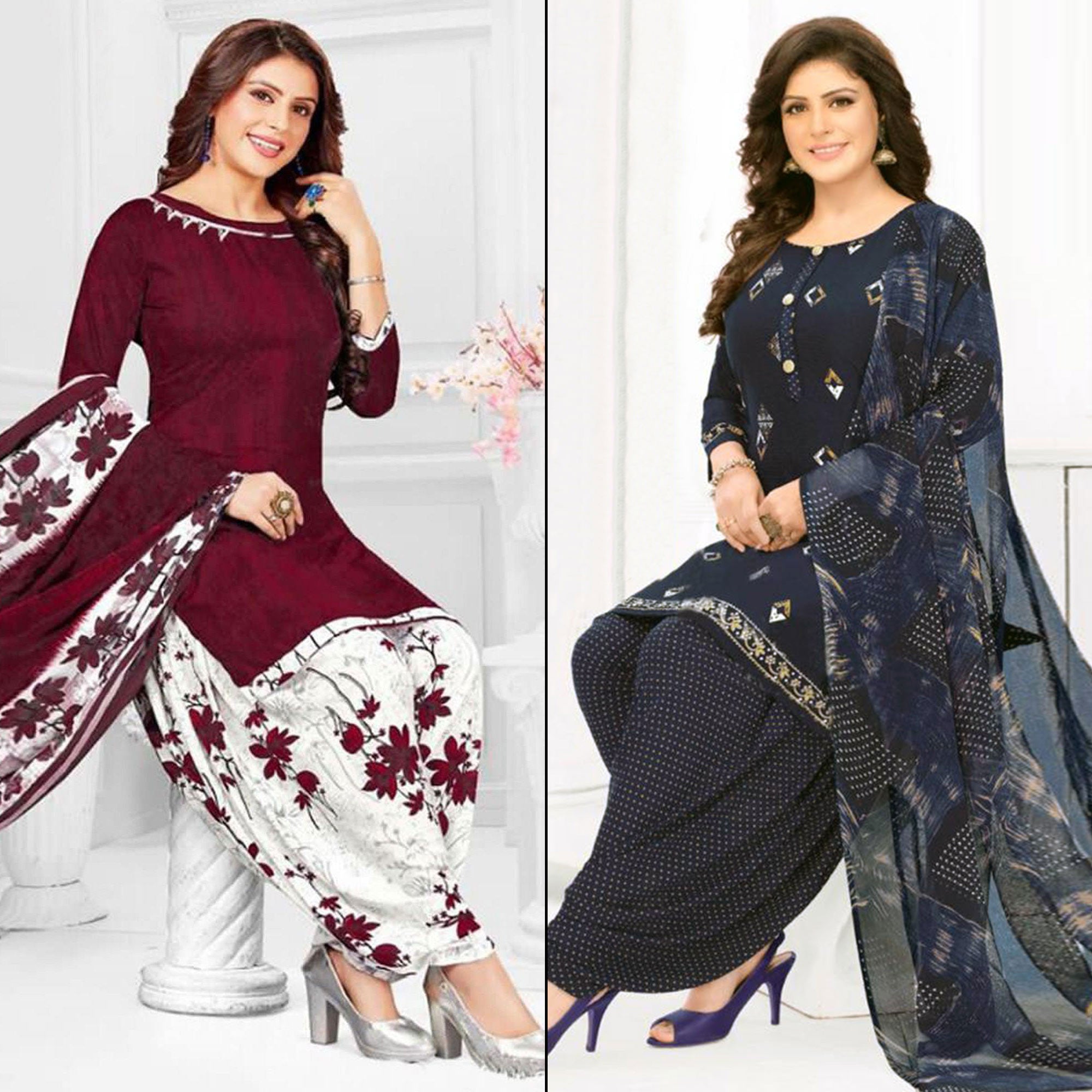 Maroon And Navy Blue Printed Leon & Crepe Patiala Dress Material Pack Of 2