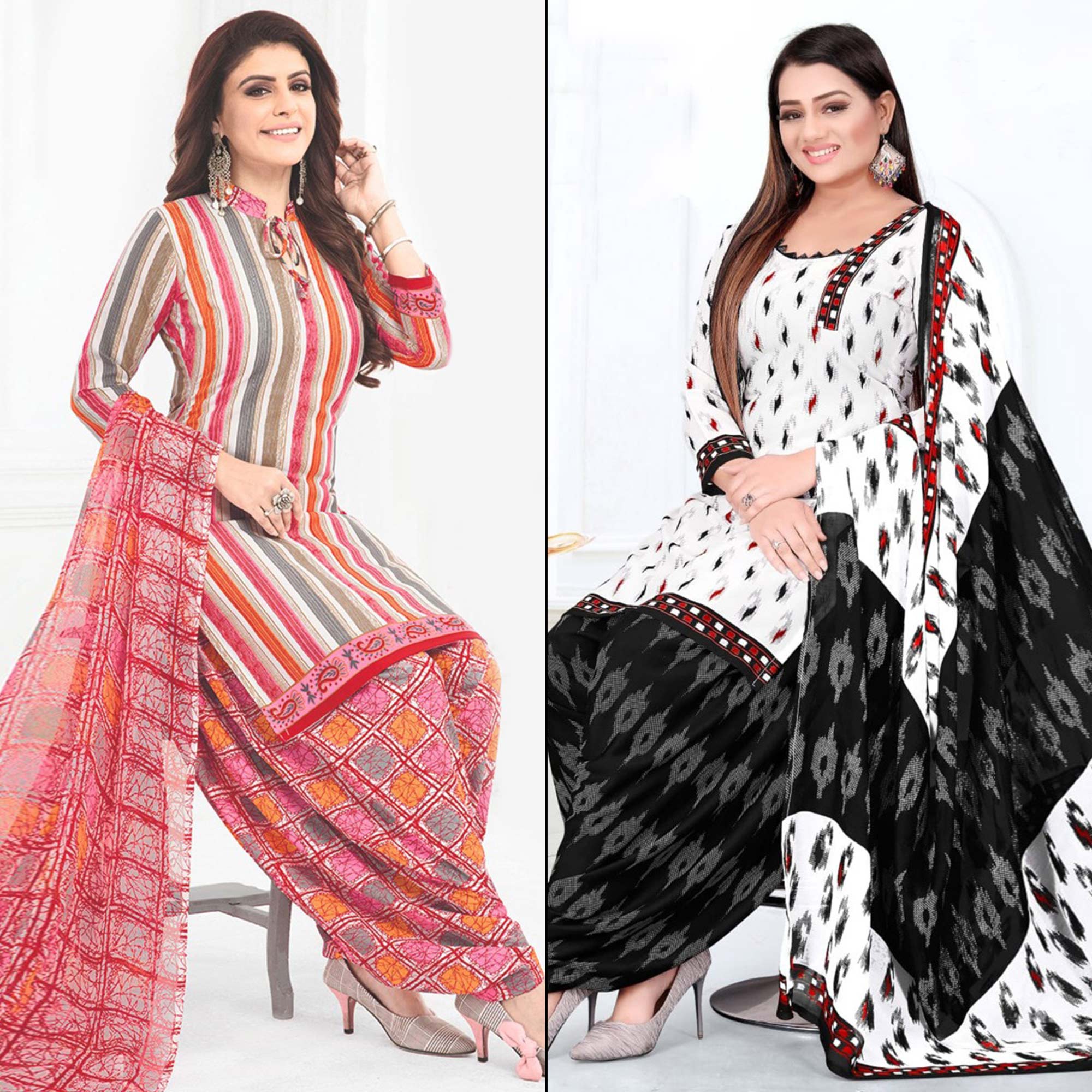 Multicolor And White Printed Crepe Patiala Dress Material Pack Of 2