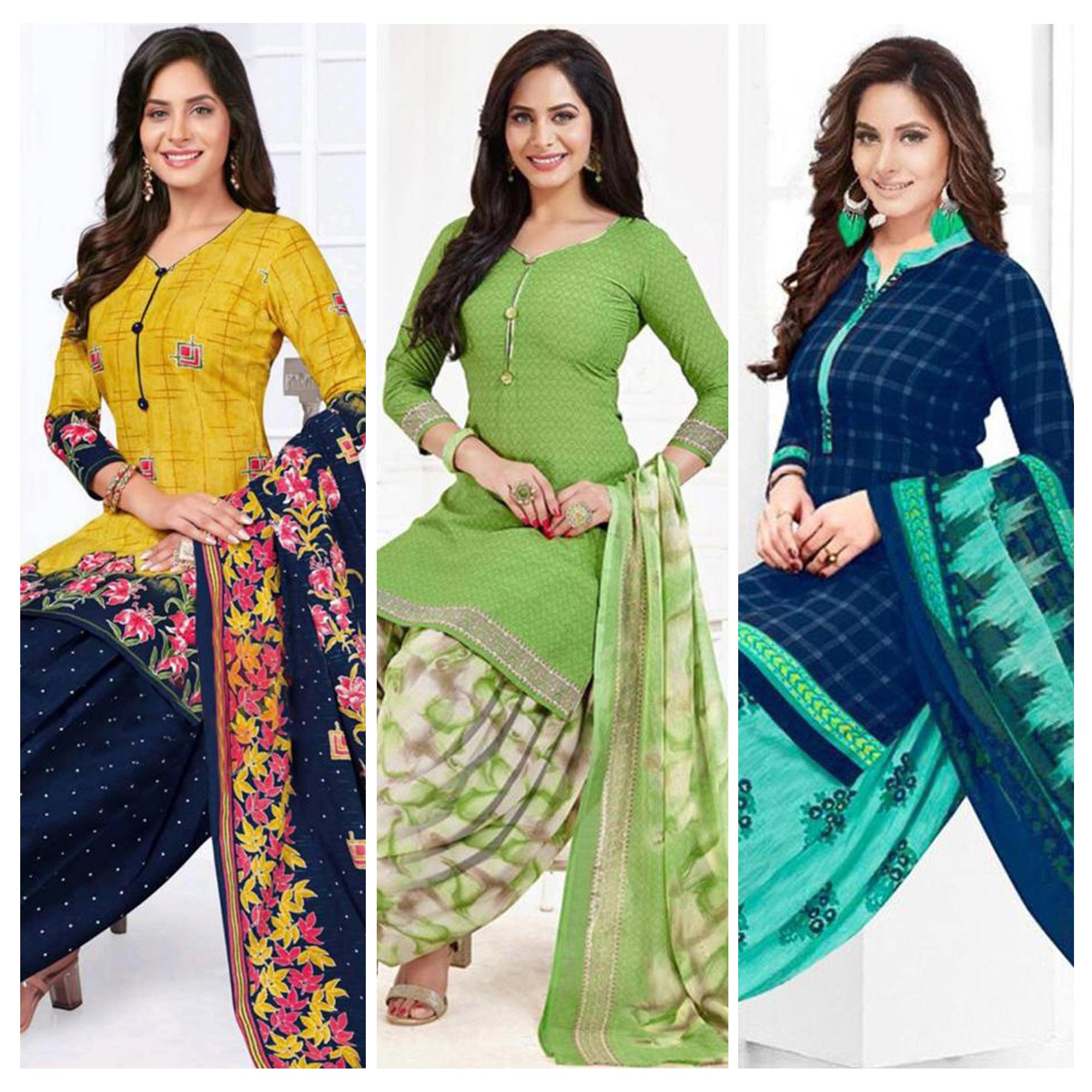 Multicolor Printed Crepe & Leon Patiala Dress Material Pack Of 3