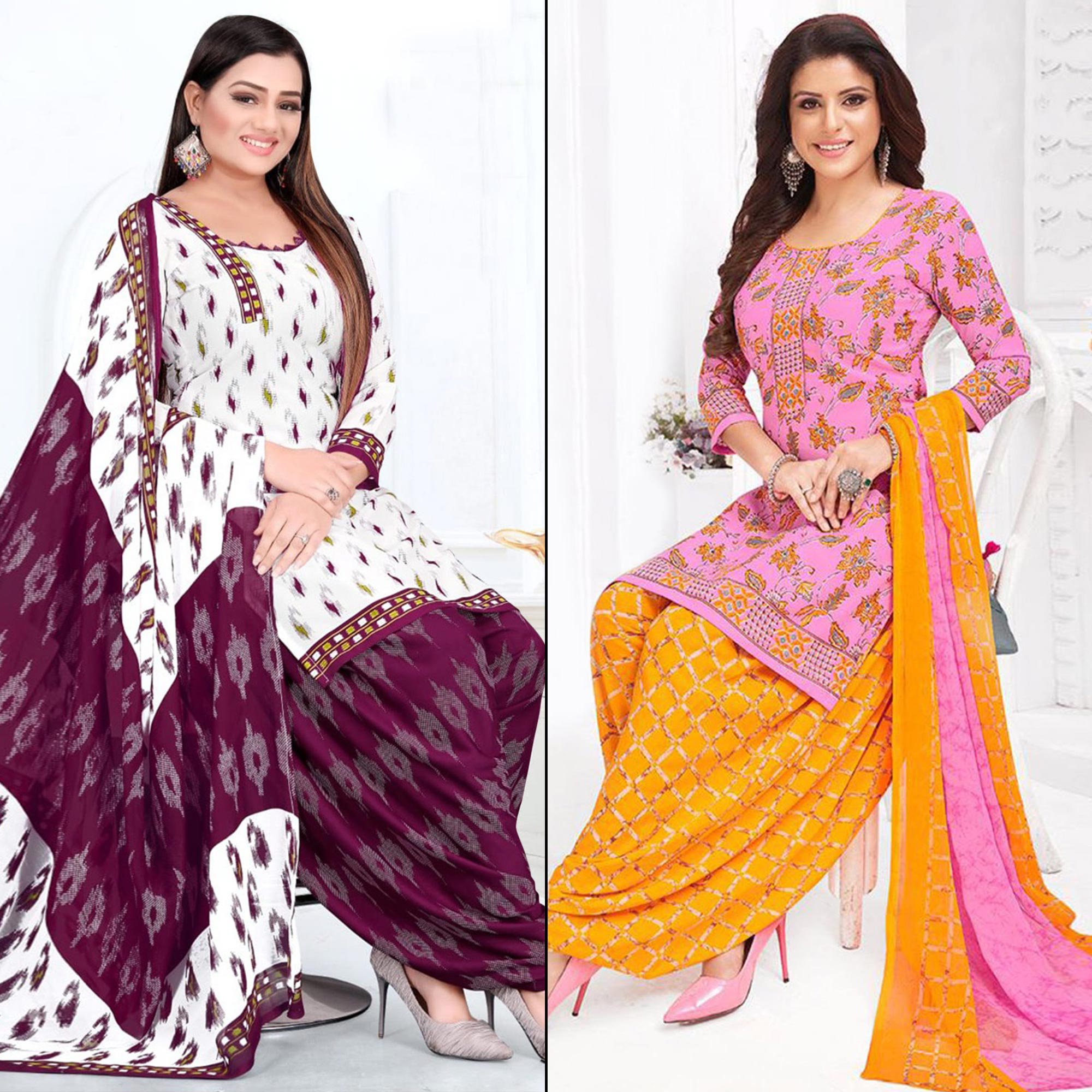 White And Pink Printed Crepe Patiala Dress Material Pack Of 2