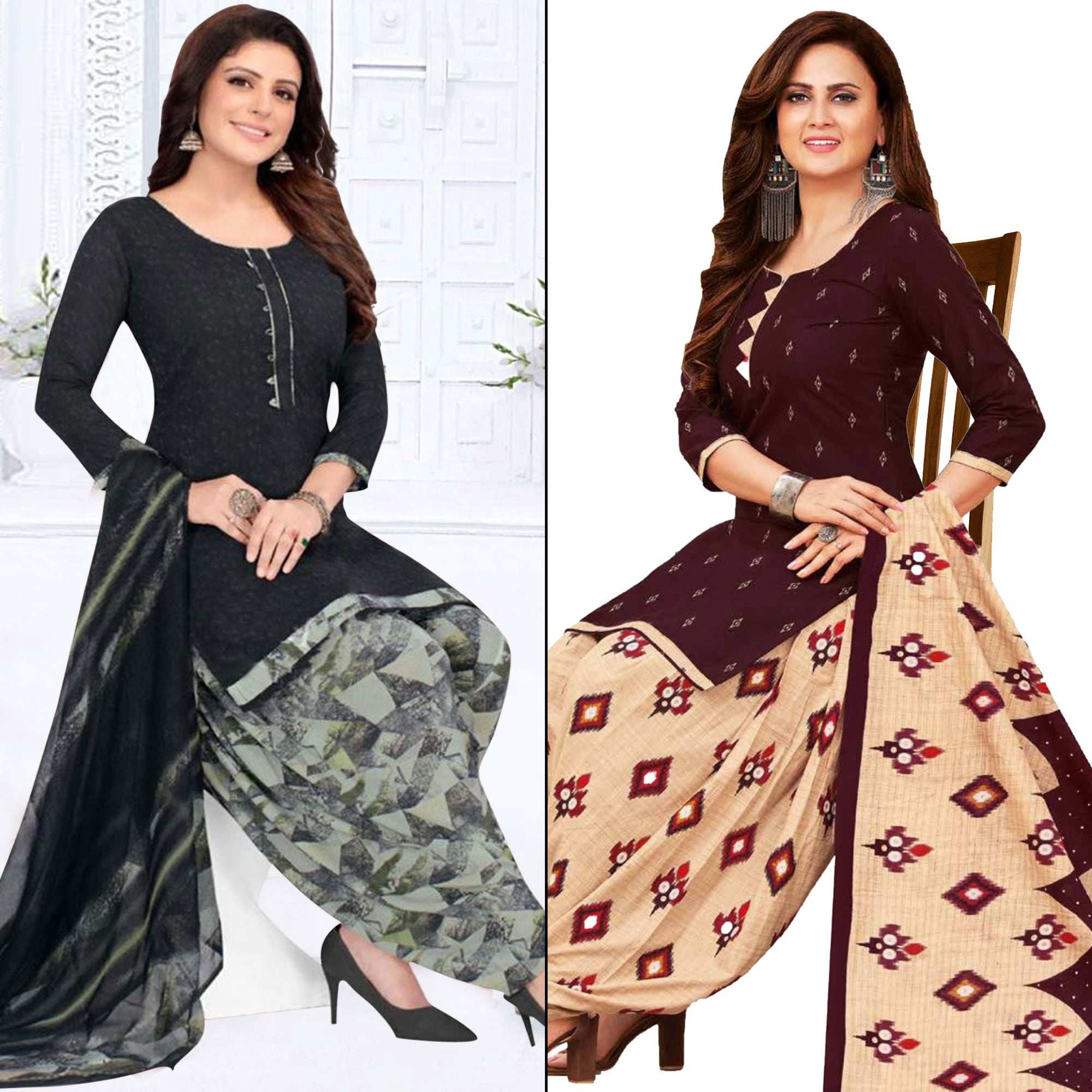 Black And Wine Printed Crepe Patiala Dress Material Pack Of 2