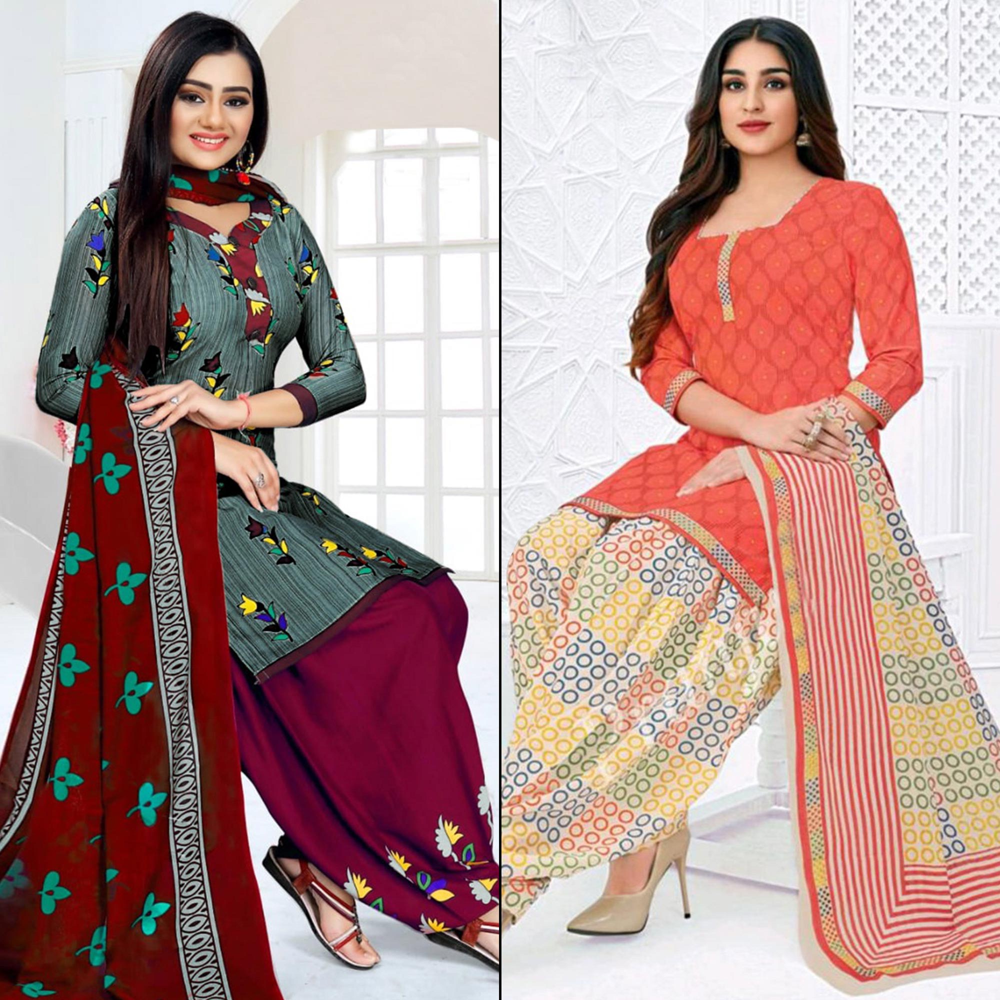 Grey And Peach Printed Crepe Patiala Dress Material Pack Of 2