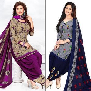 Beige And Grey Printed Crepe & Leon Patiala Dress Material Pack Of 2