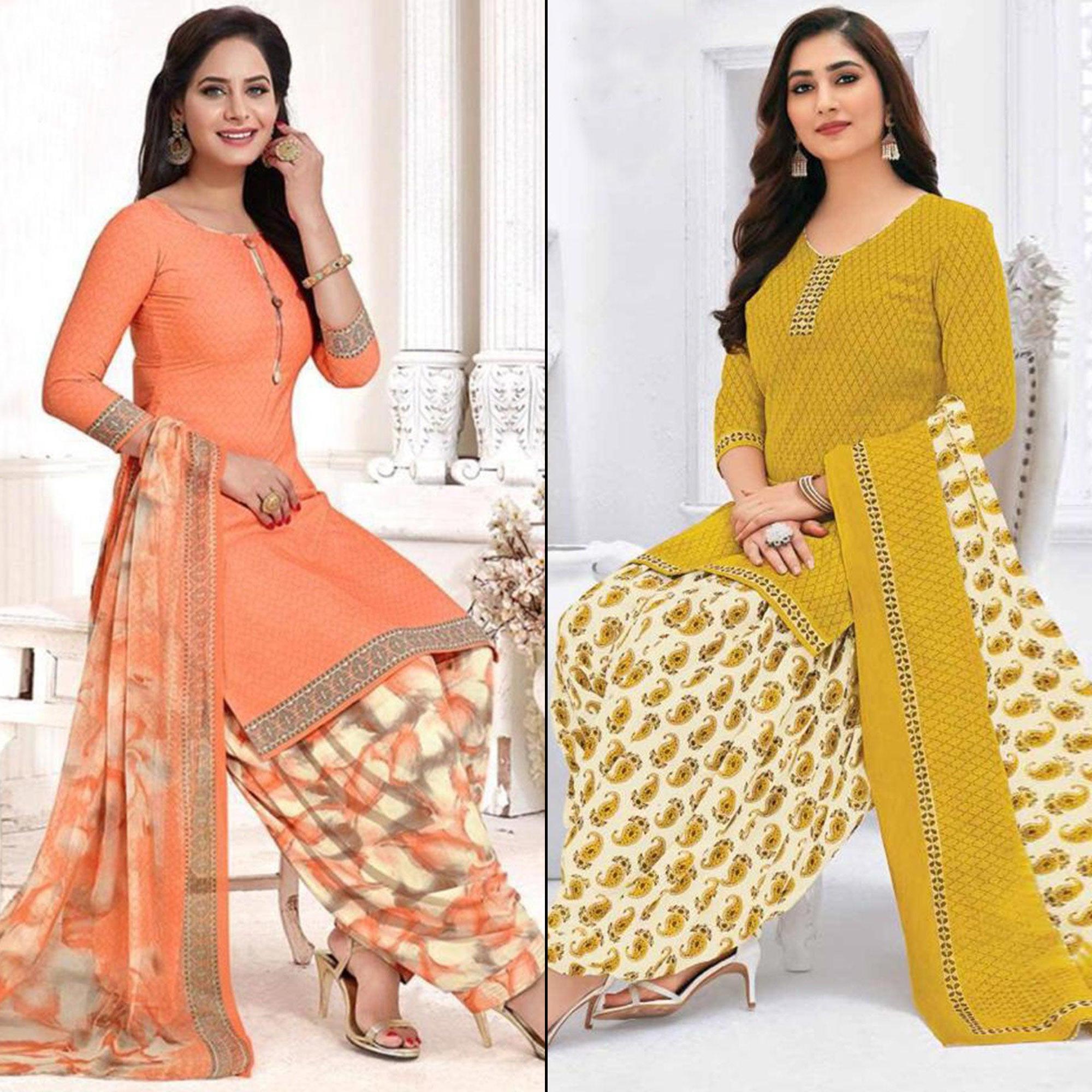 Light Peach And Lemon Yellow Printed Leon Patiala Dress Material Pack Of 2