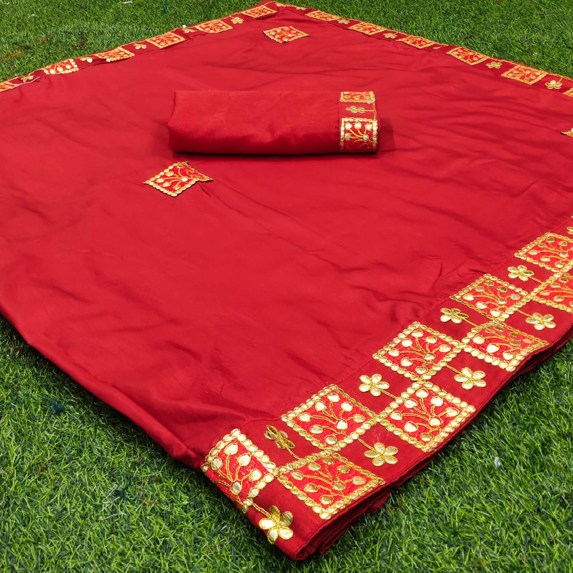 Red Floral Gota Patti Work Dola Silk Saree