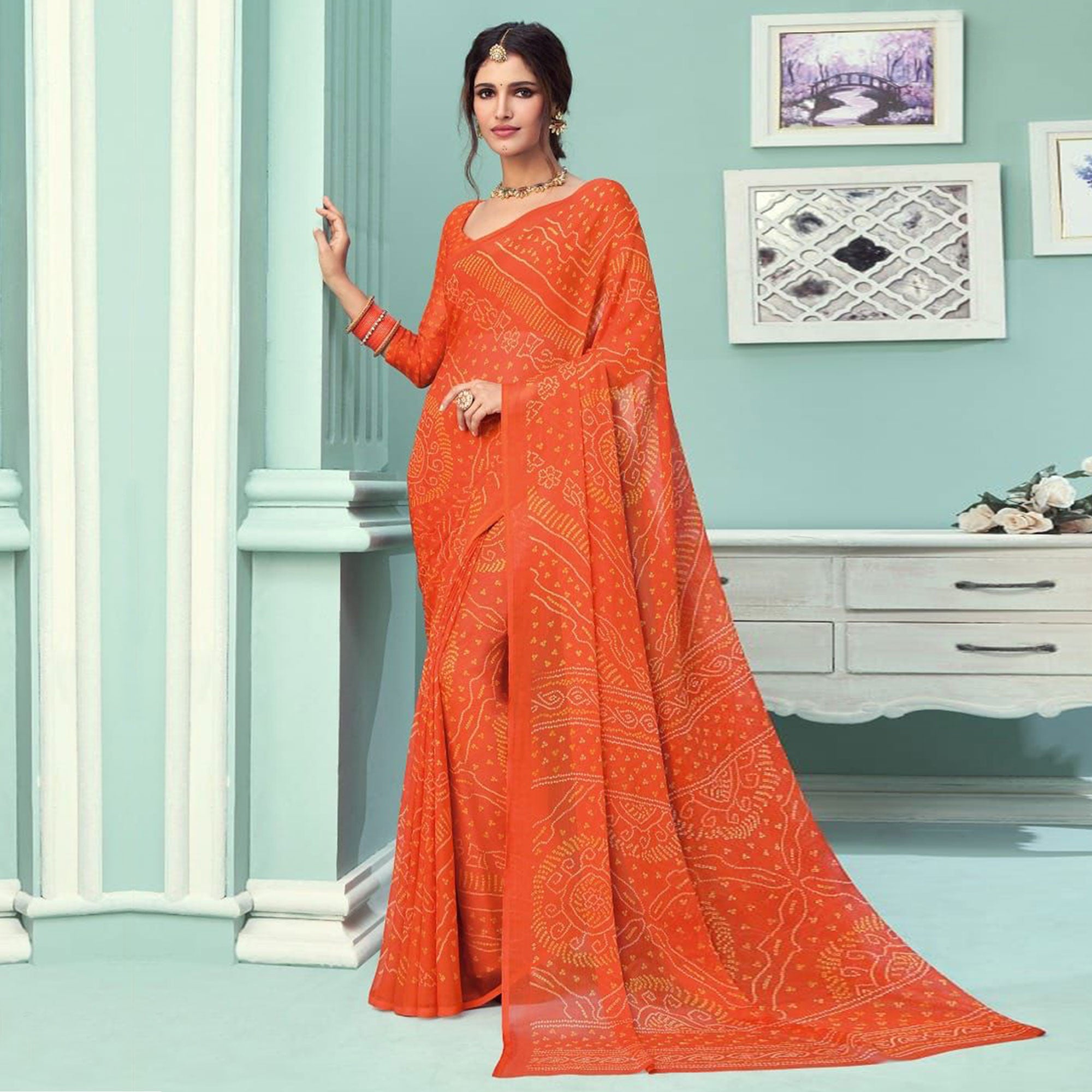 Orange Casual Wear Printed Chiffon Bandhani Saree