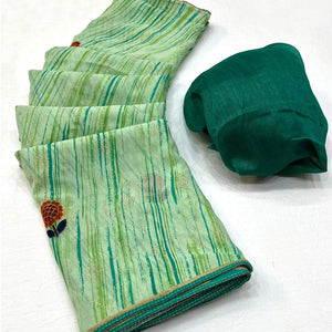 Green Printed Raw Silk Saree With Fancy Border
