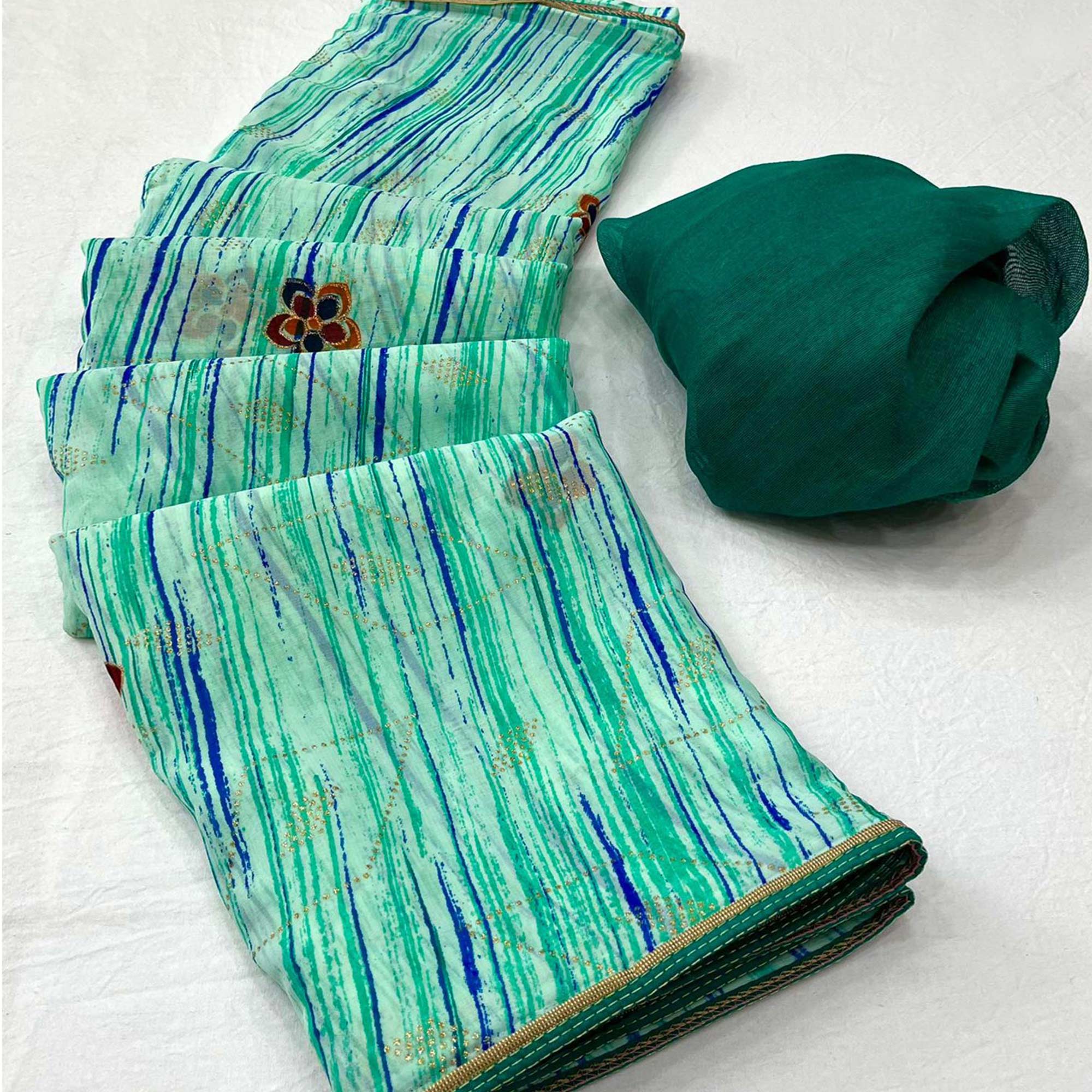 Green Printed Raw Silk Saree With Fancy Border