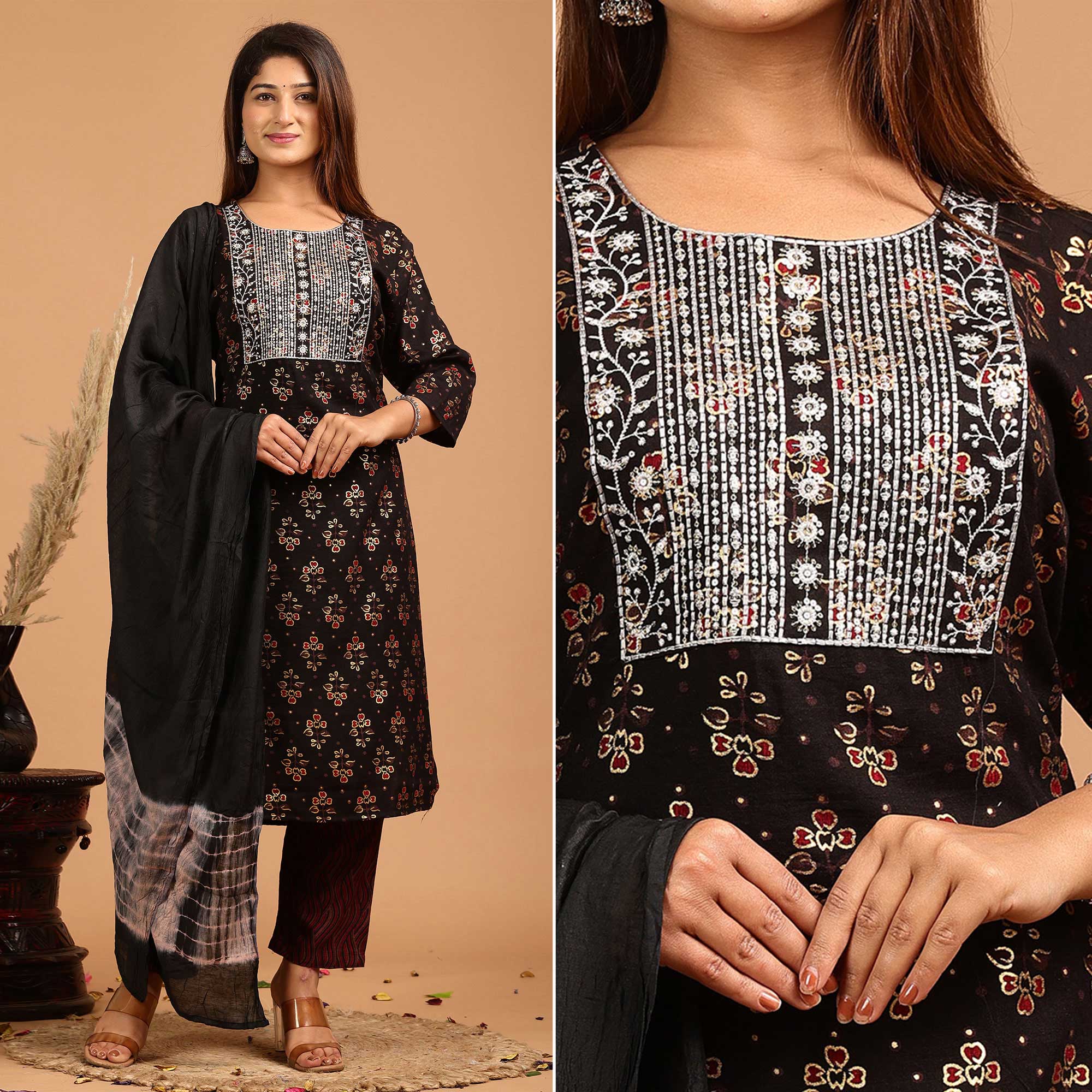 Black Printed With Embroidered Rayon Salwar Suit