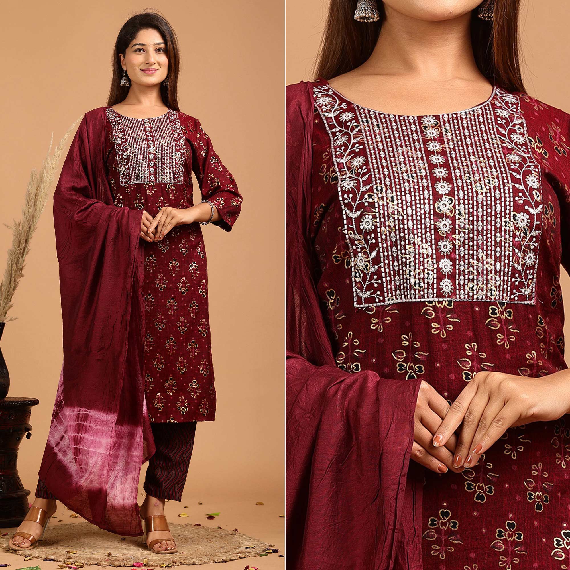 Maroon Printed With Embroidered Rayon Salwar Suit