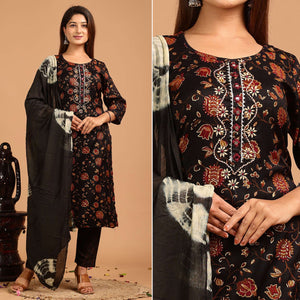 Black Printed With Embroidered Rayon Salwar Suit