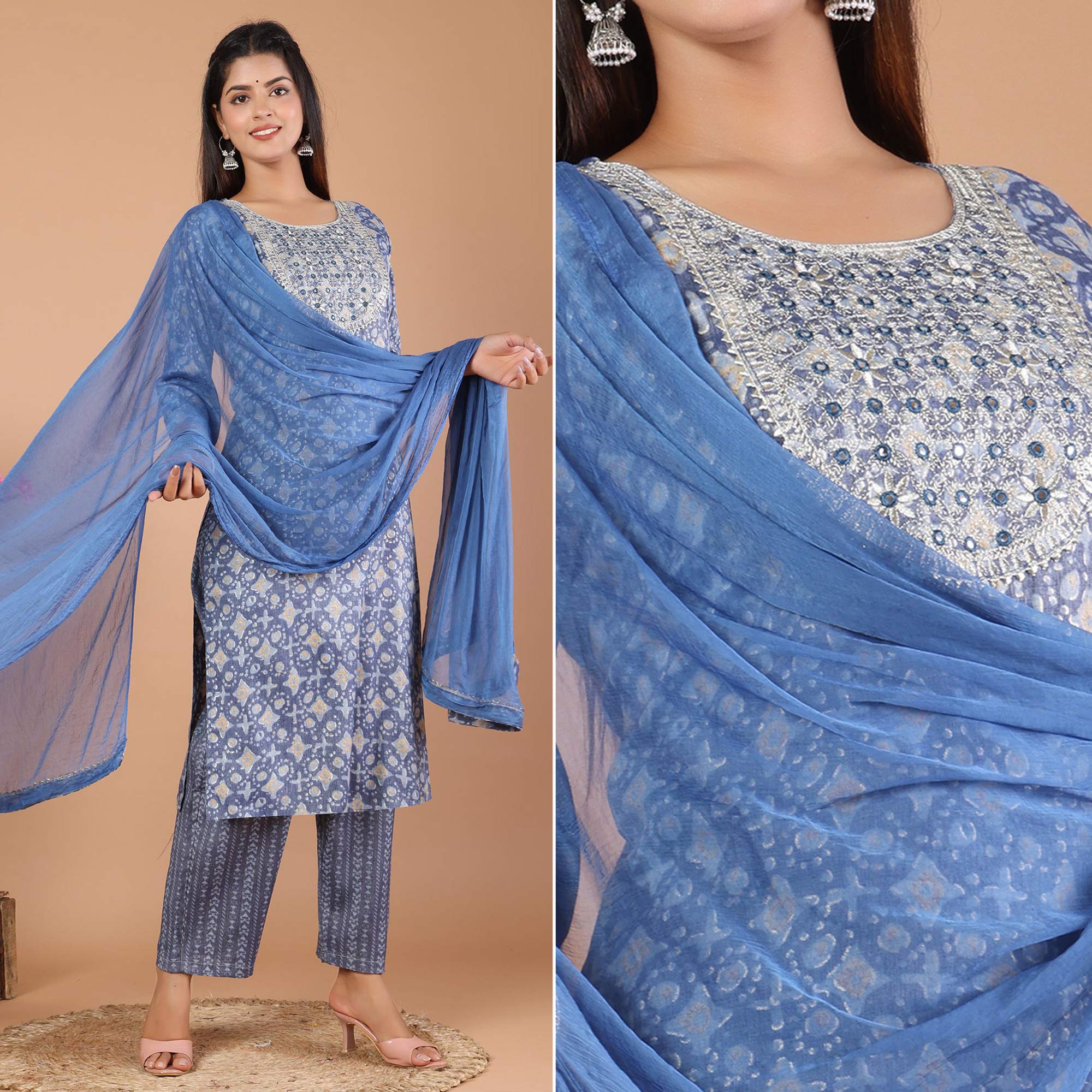Blue Printed With Embroidered Rayon Salwar Suit