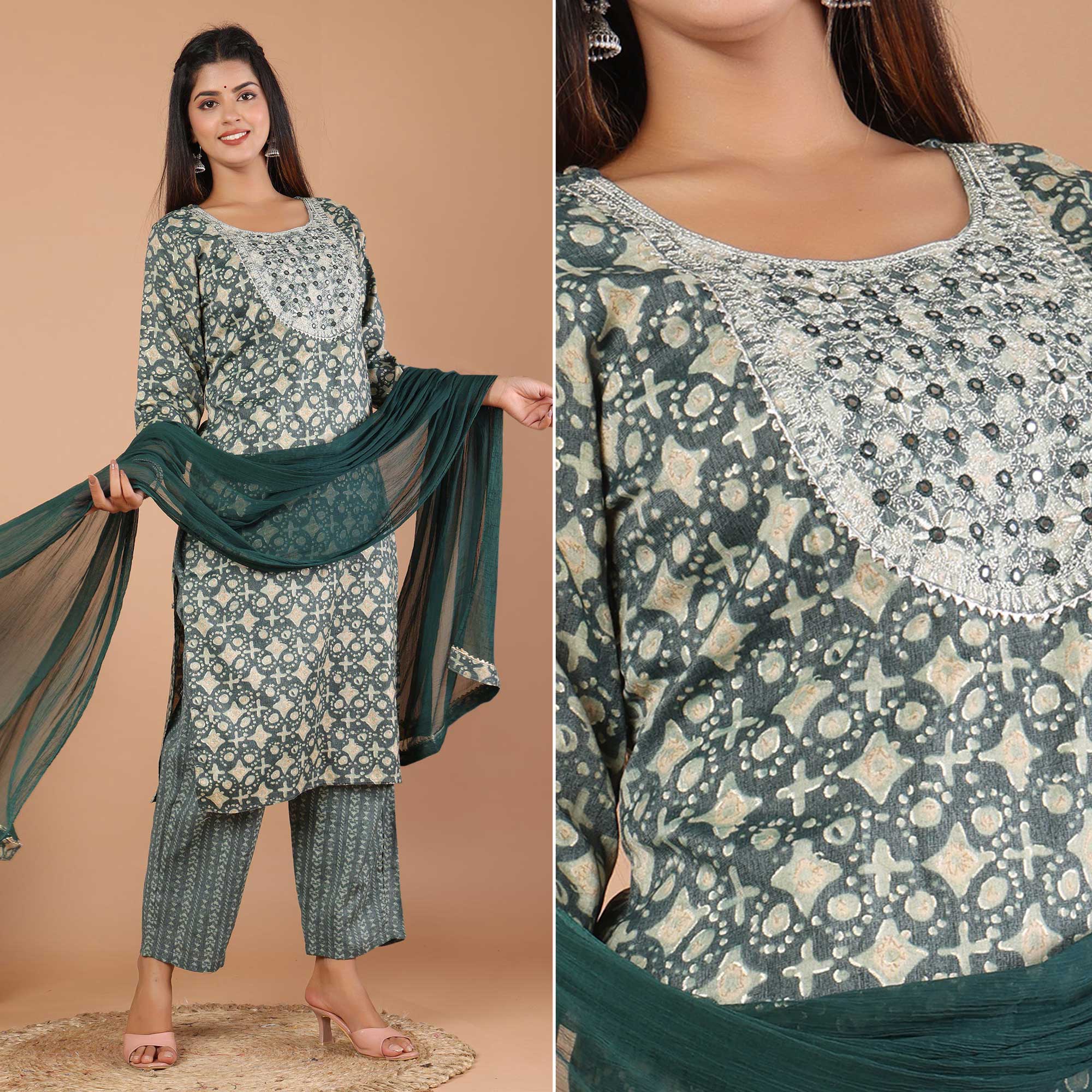 Green Printed With Embroidered Rayon Salwar Suit