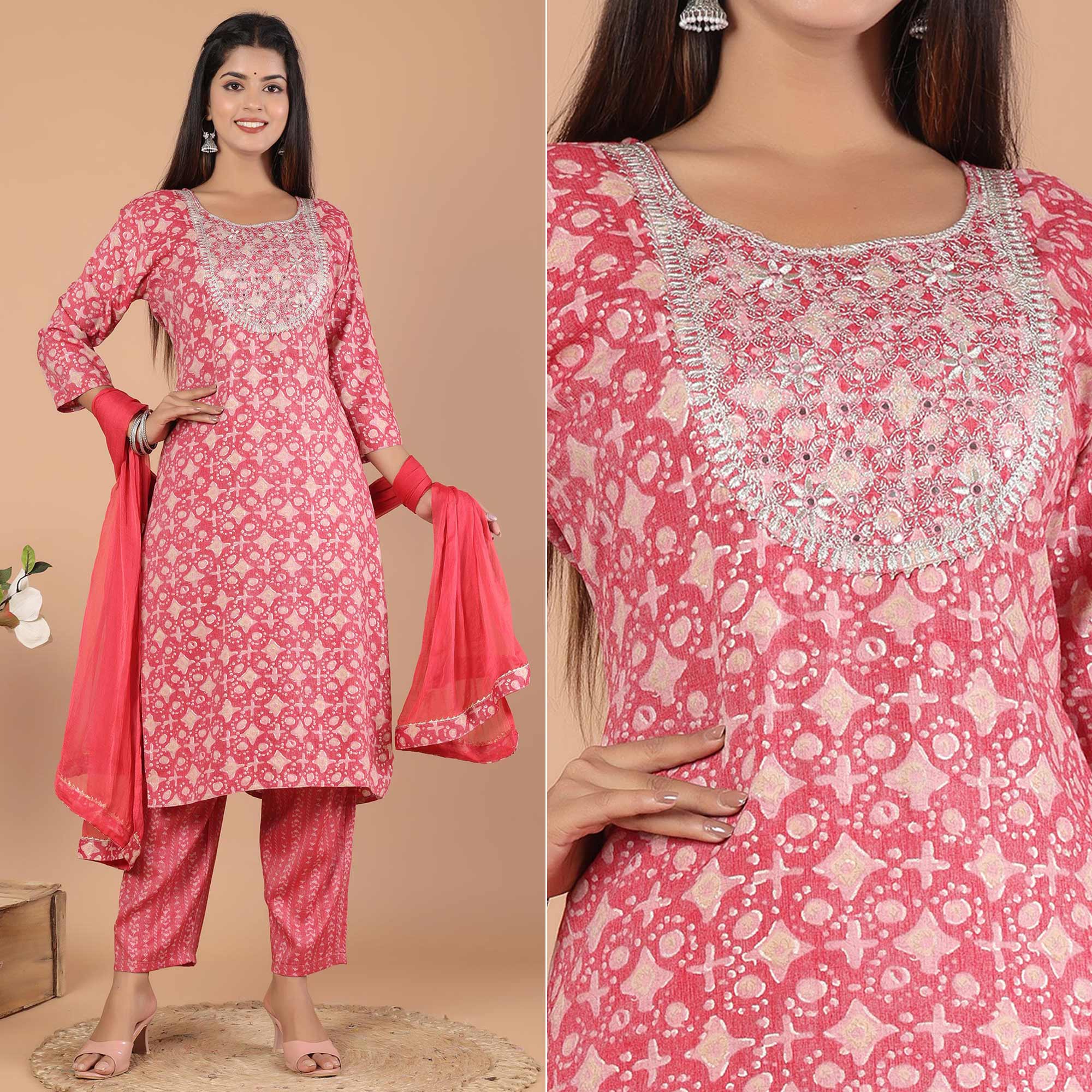 Pink Printed With Embroidered Rayon Salwar Suit