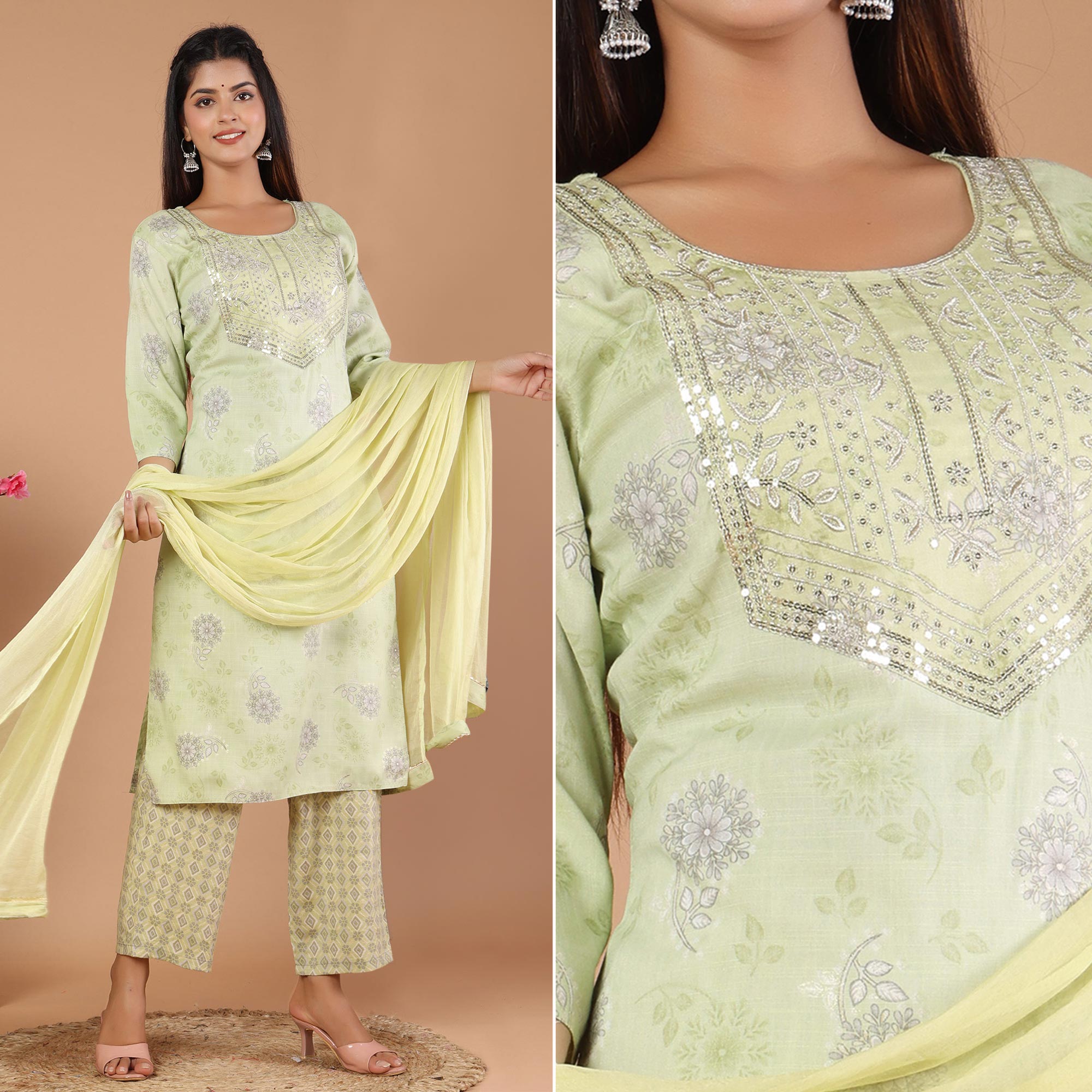 Green Printed With Embroidered Rayon Salwar Suit