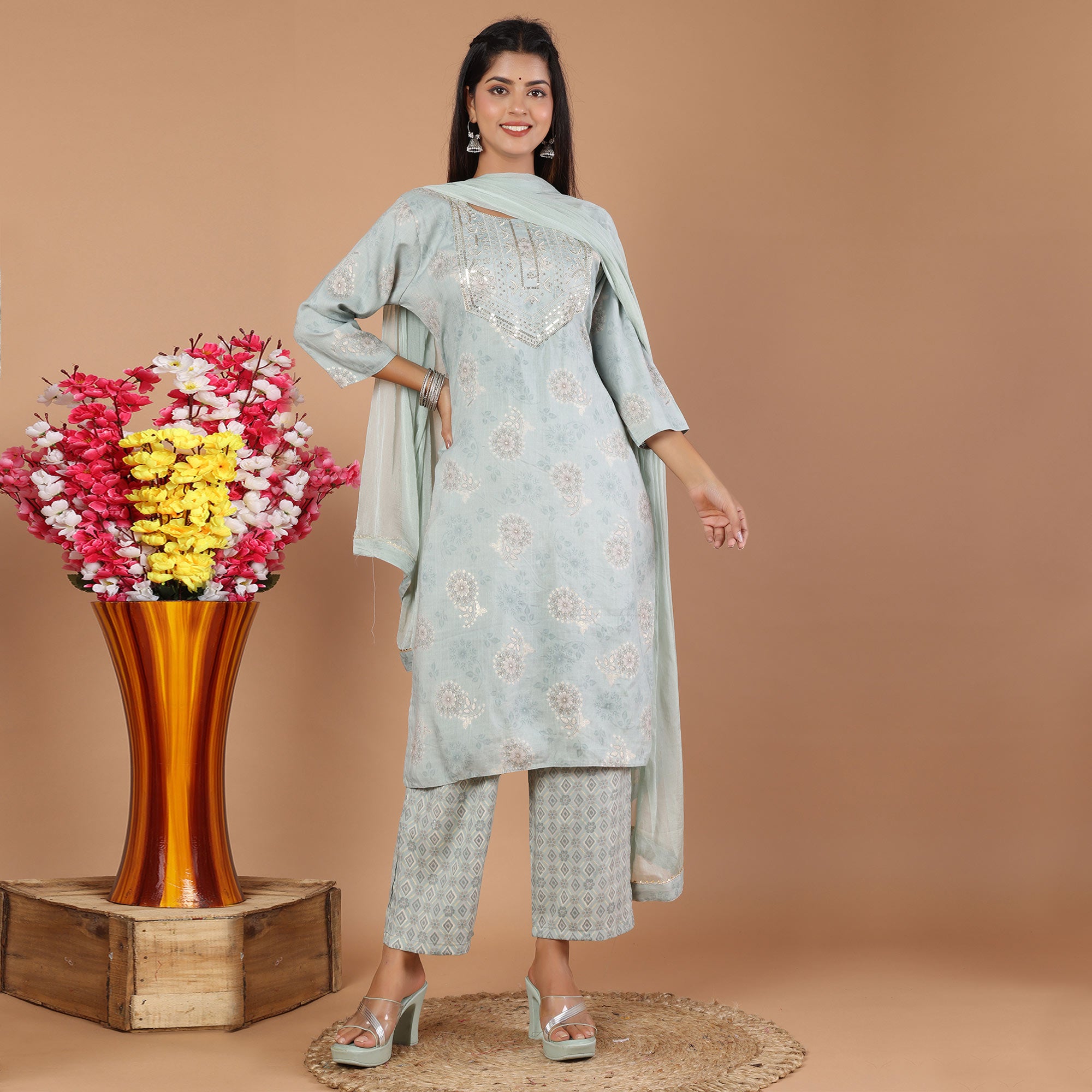 Grey Printed With Embroidered Rayon Salwar Suit