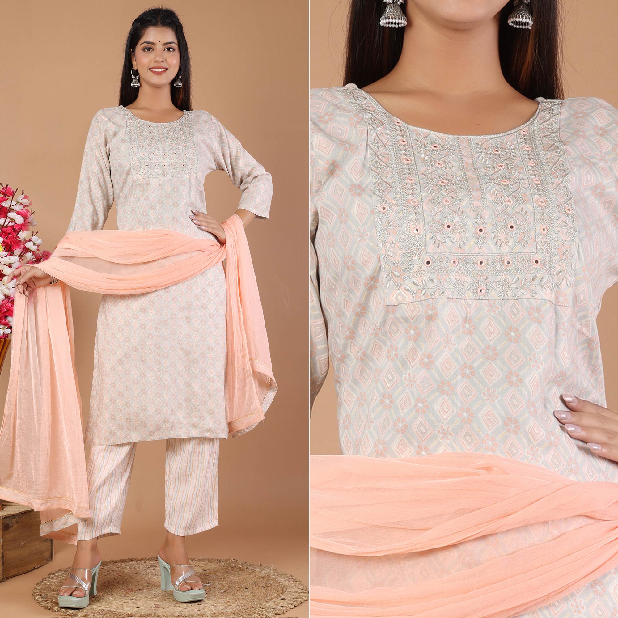 Peach Printed With Embroidered Rayon Salwar Suit