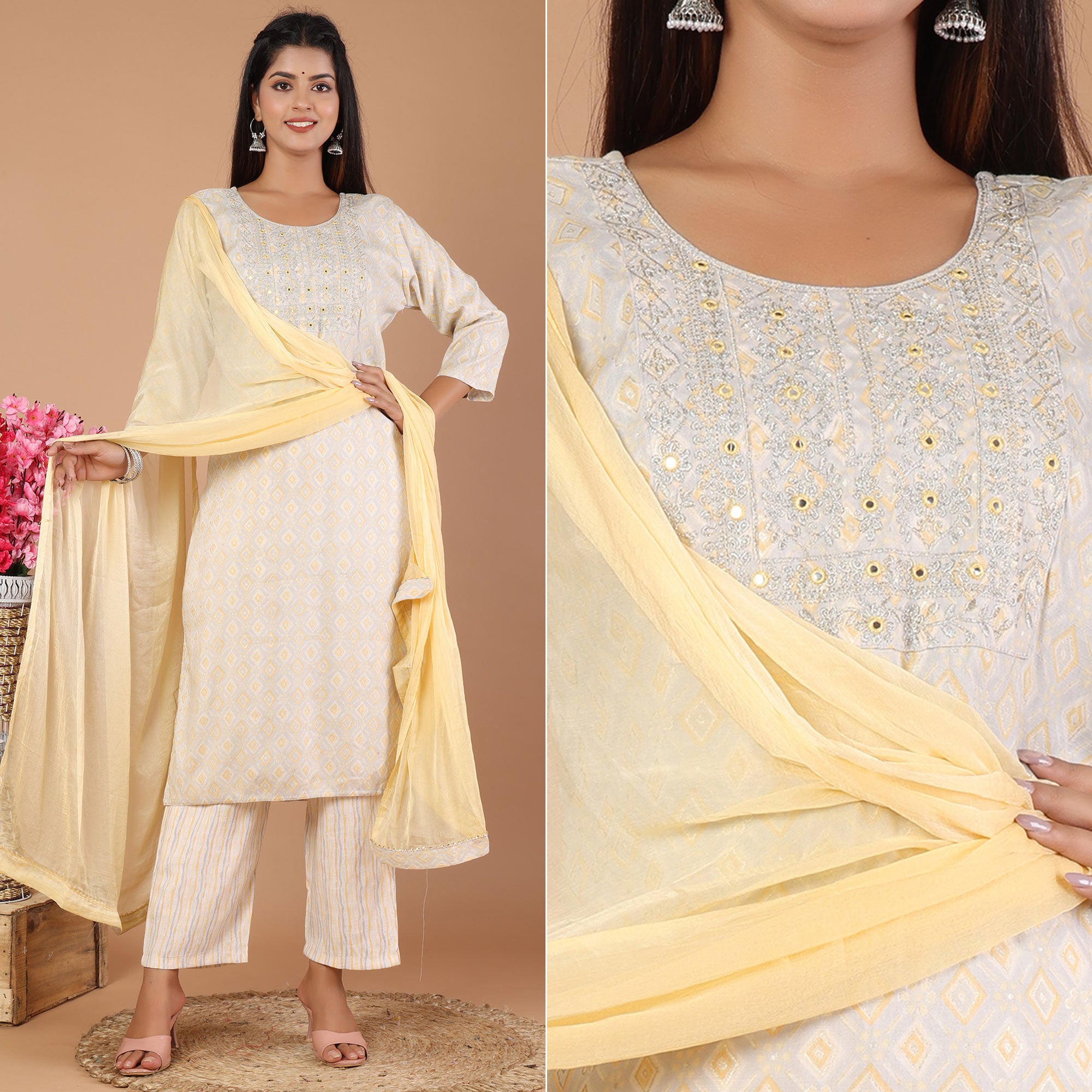 Yellow Printed With Embroidered Rayon Salwar Suit