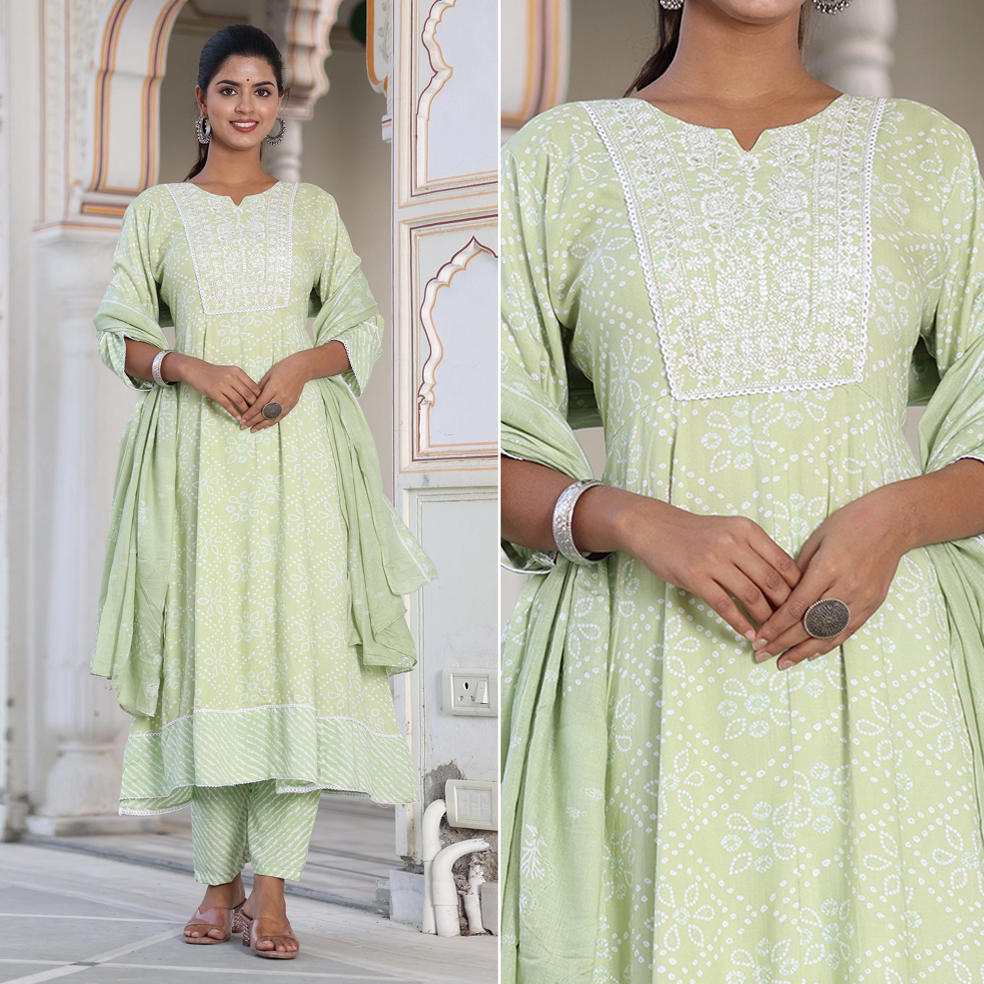 Green Printed With Embroidered Rayon Anarkali Suit