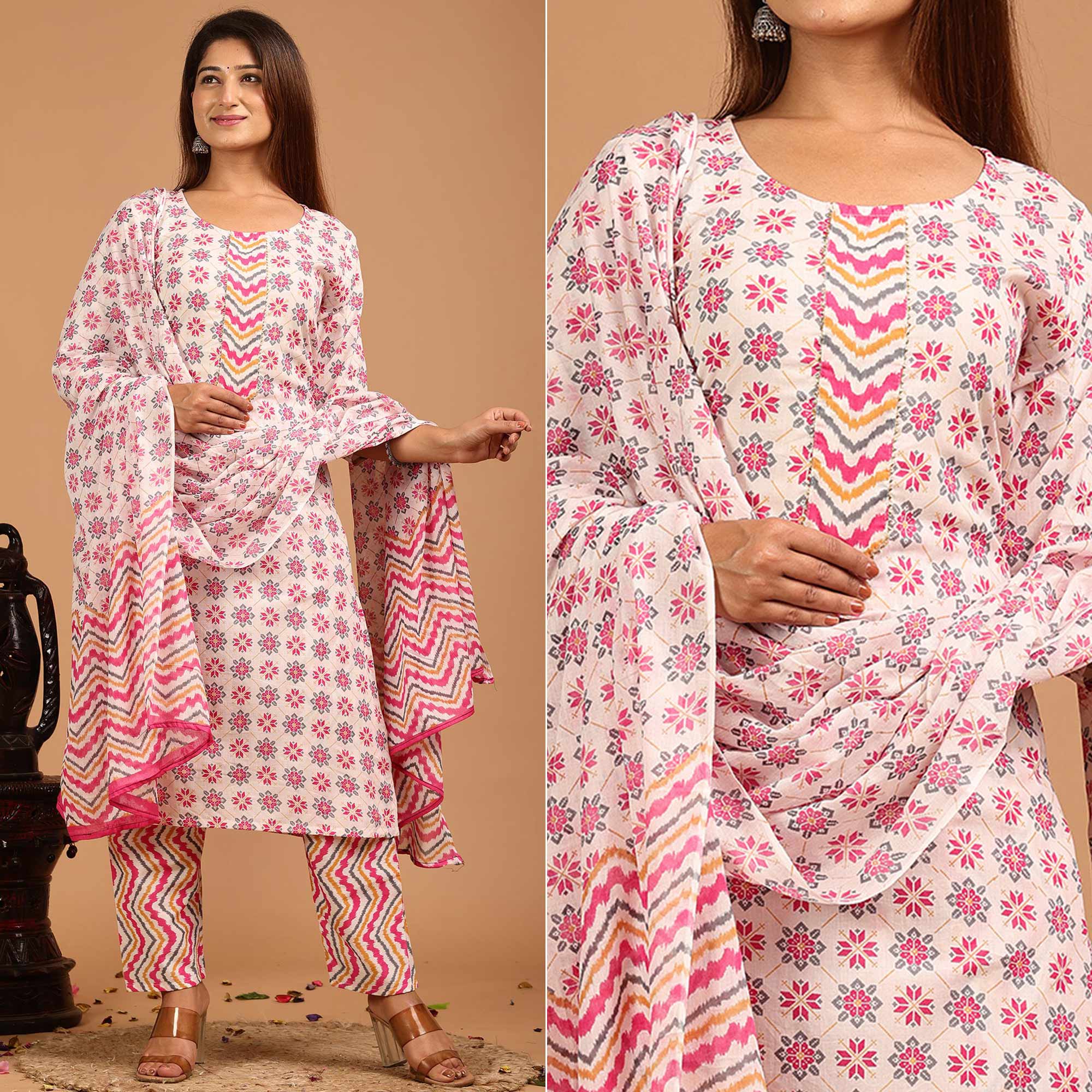 White & Pink Printed Pure Cotton Salwar Suit