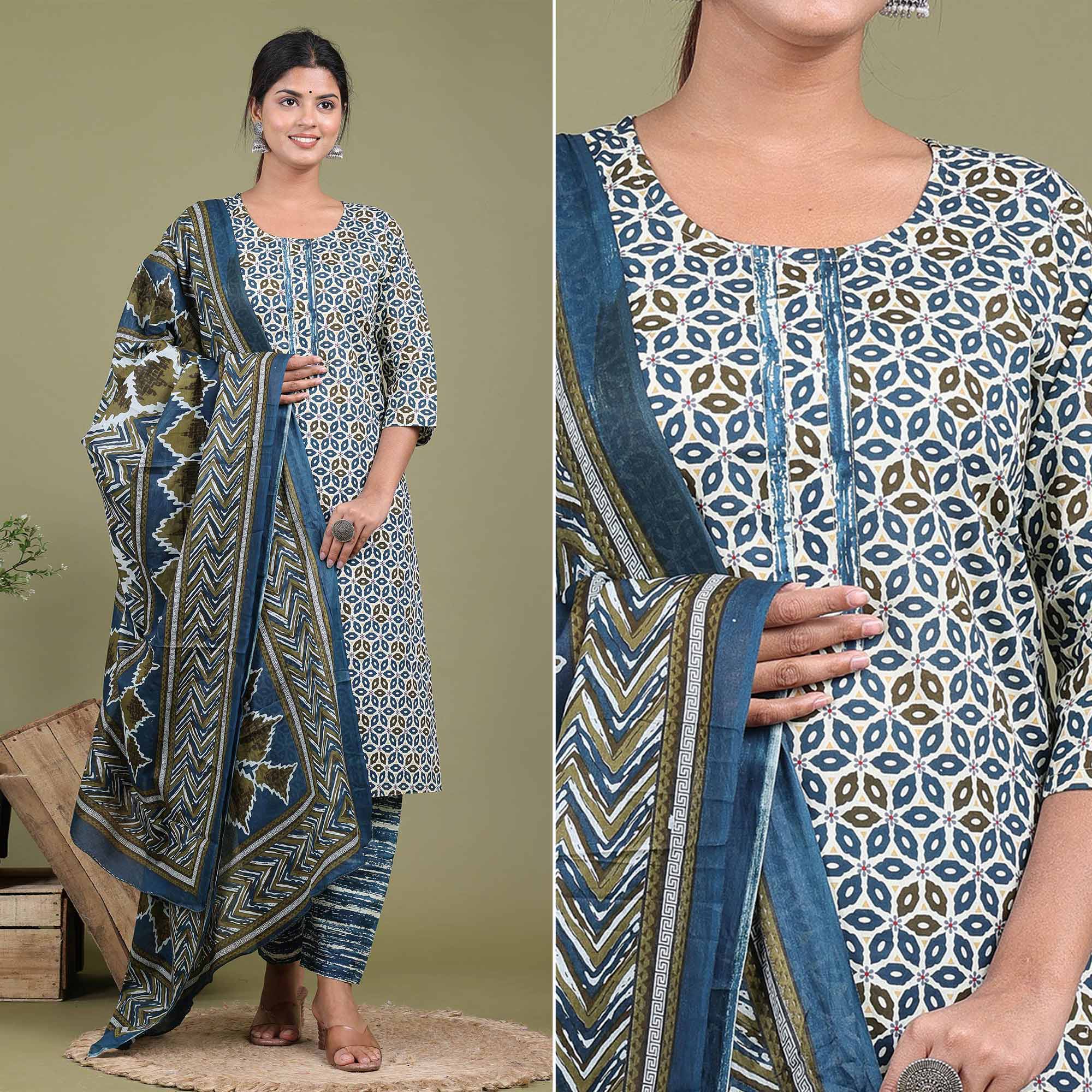 Blue Floral Printed Pure Cotton Suit