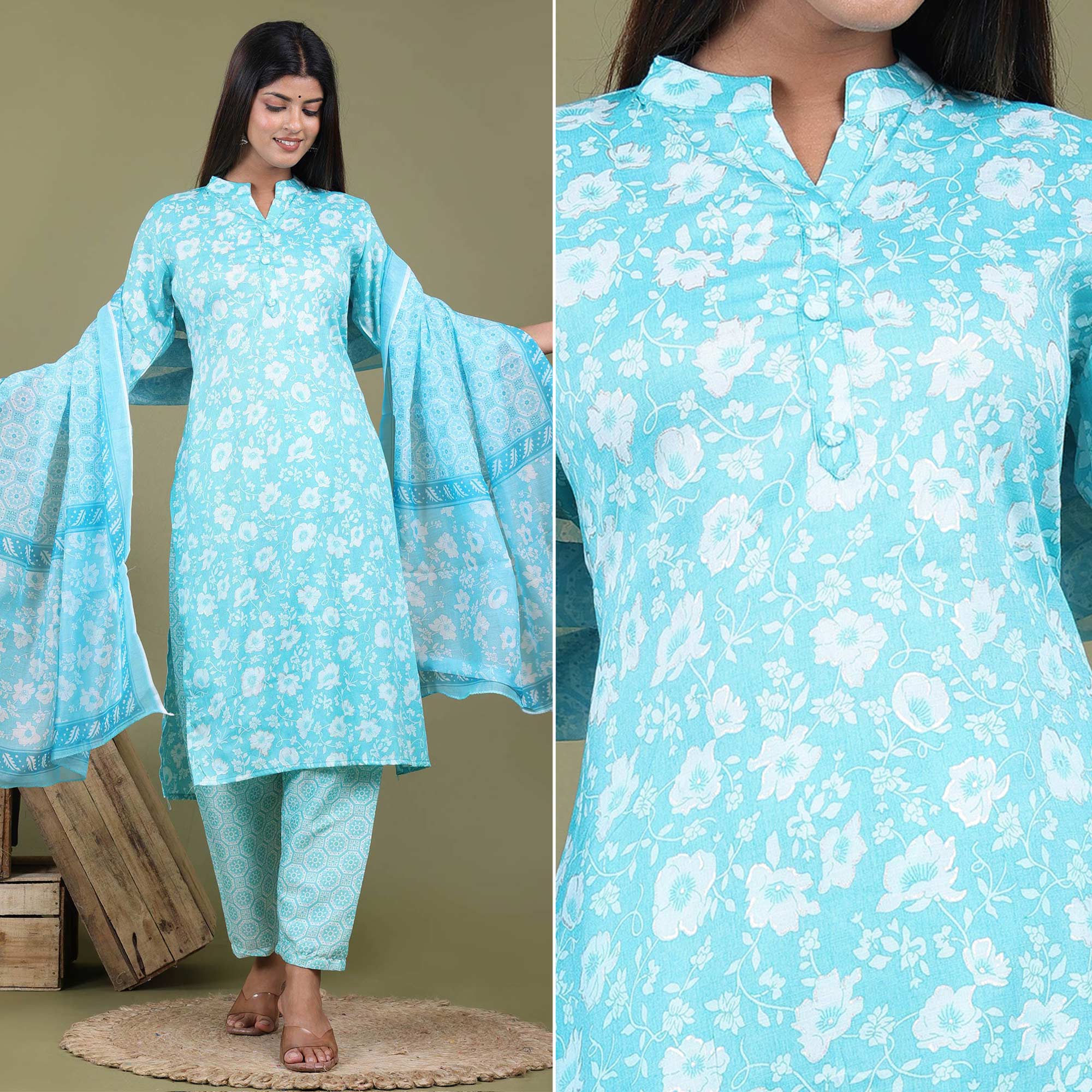 Aqua Blue Floral Foil Printed Rayon Suit